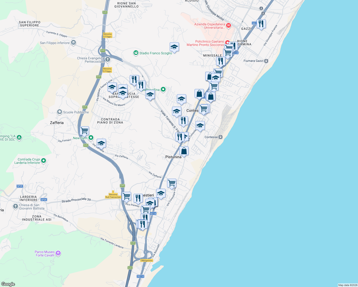 map of restaurants, bars, coffee shops, grocery stores, and more near 6 Strada Comunale Santa Lucia in Messina
