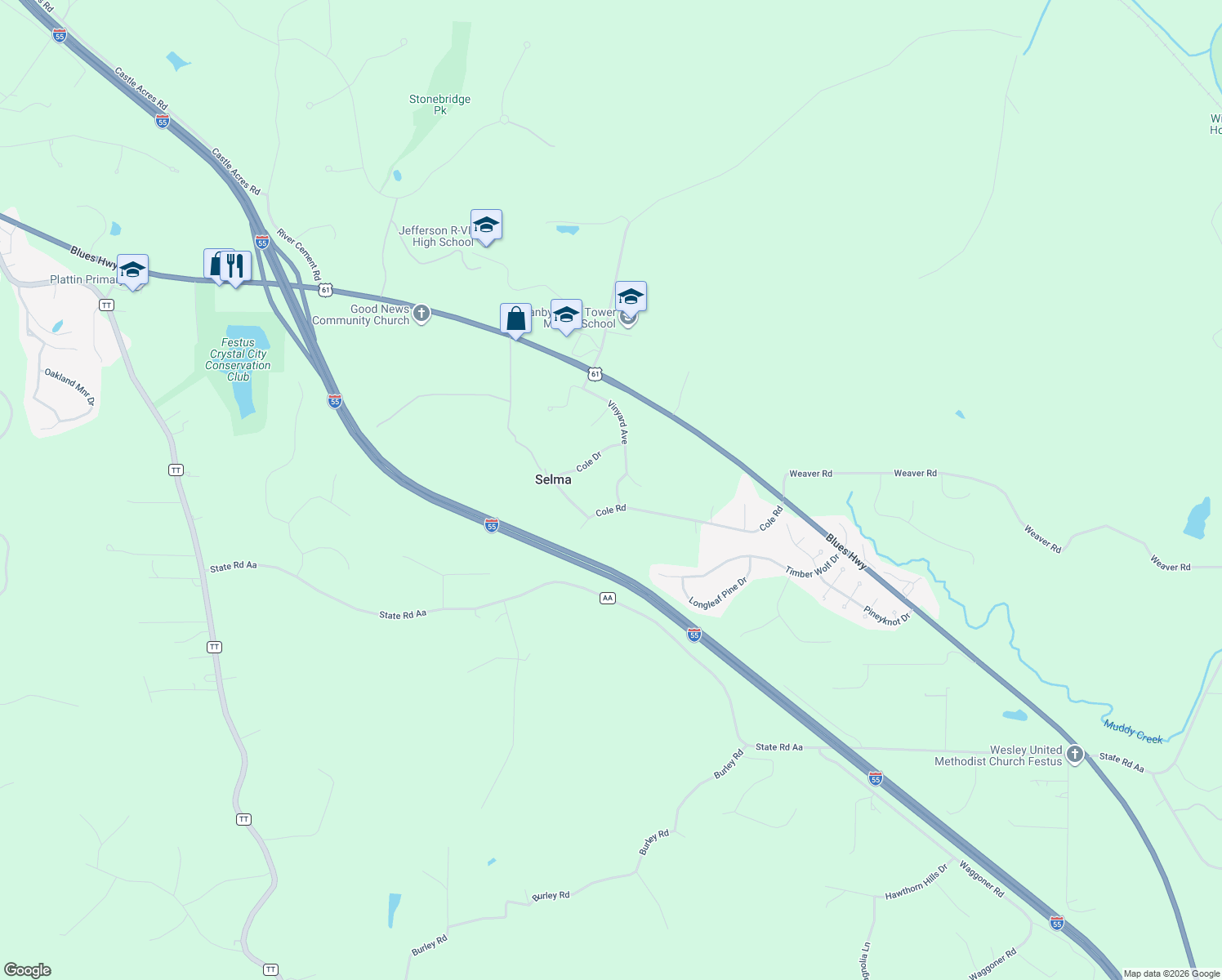 map of restaurants, bars, coffee shops, grocery stores, and more near 325 Becker Dr in Festus