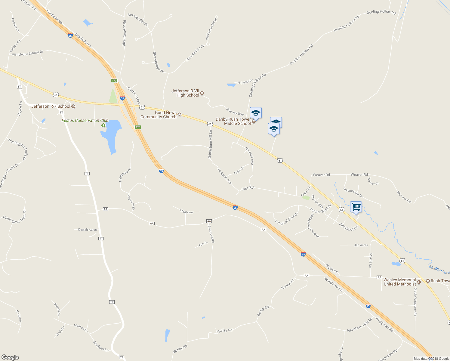 map of restaurants, bars, coffee shops, grocery stores, and more near 311 Jackson Avenue in Festus