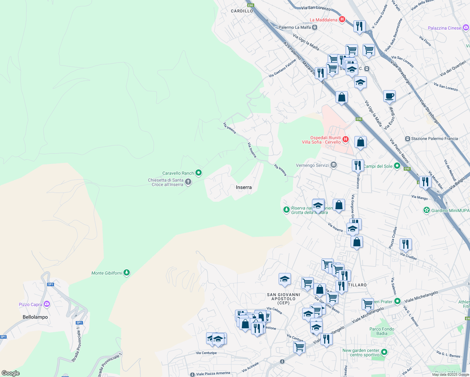 map of restaurants, bars, coffee shops, grocery stores, and more near 24 Via Marianna Coffa Caruso in Inserra