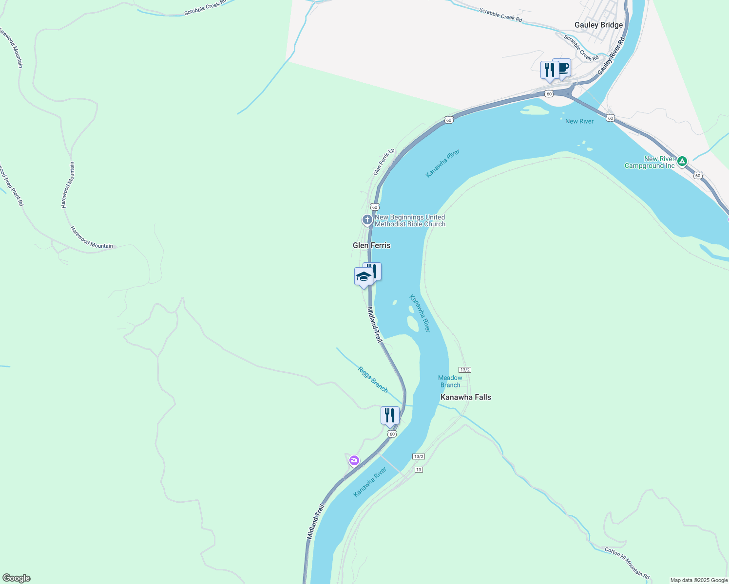 map of restaurants, bars, coffee shops, grocery stores, and more near 8999 Midland Trail in Glen Ferris