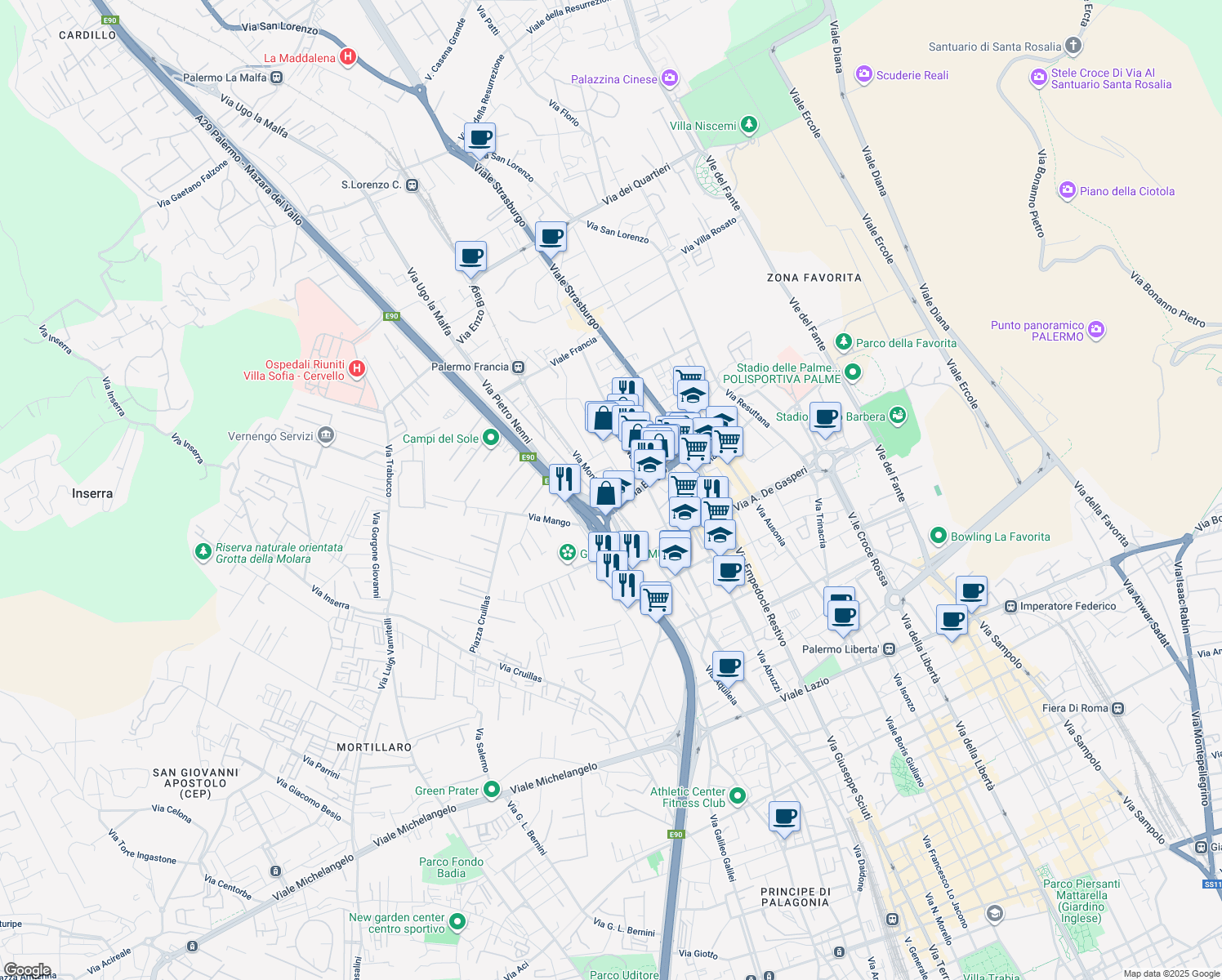 map of restaurants, bars, coffee shops, grocery stores, and more near 69 Via Monti Iblei in Palermo