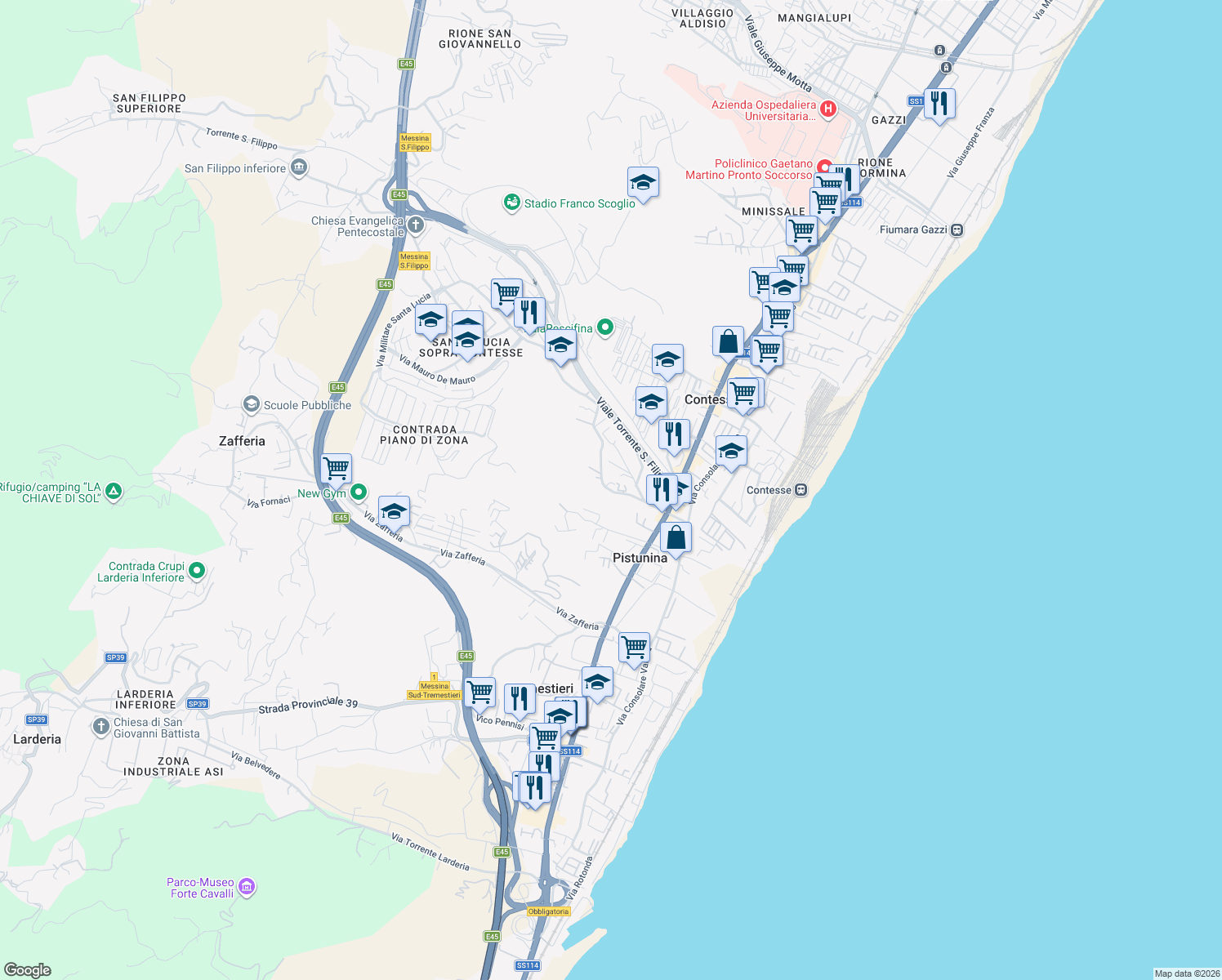 map of restaurants, bars, coffee shops, grocery stores, and more near 6 Strada Comunale Santa Lucia in Messina