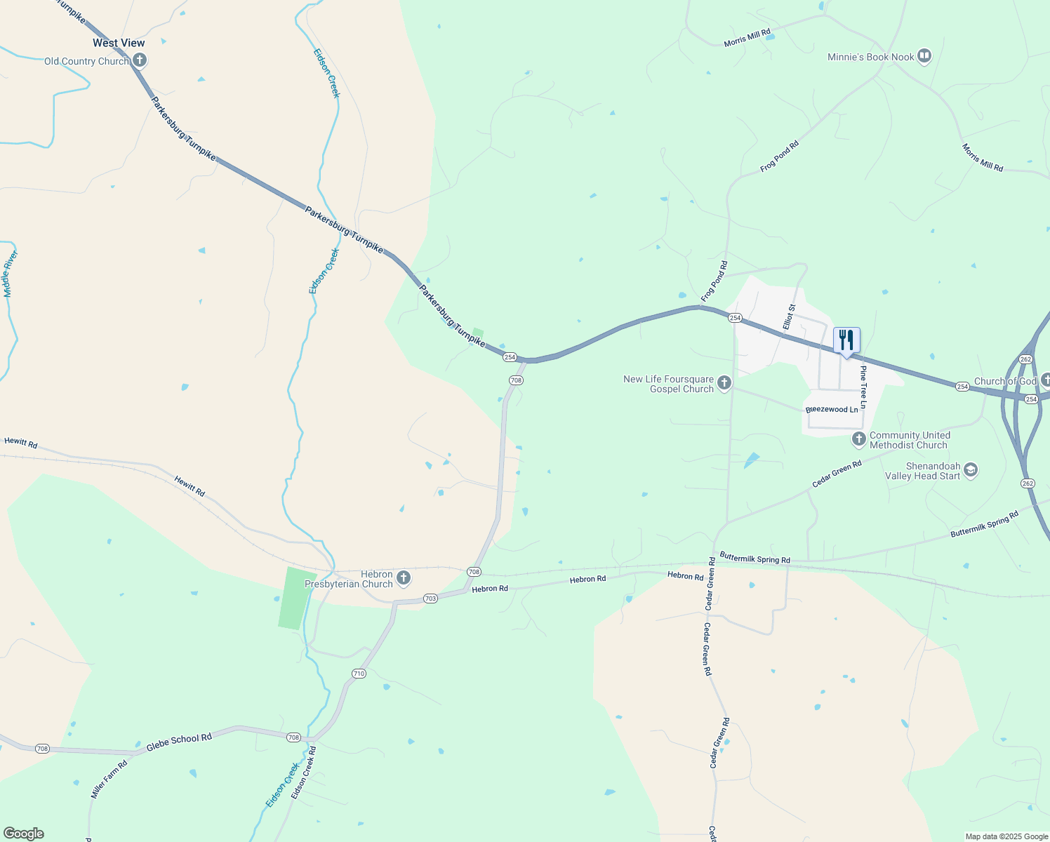 map of restaurants, bars, coffee shops, grocery stores, and more near 104 Miss Phillips Road in Swoope