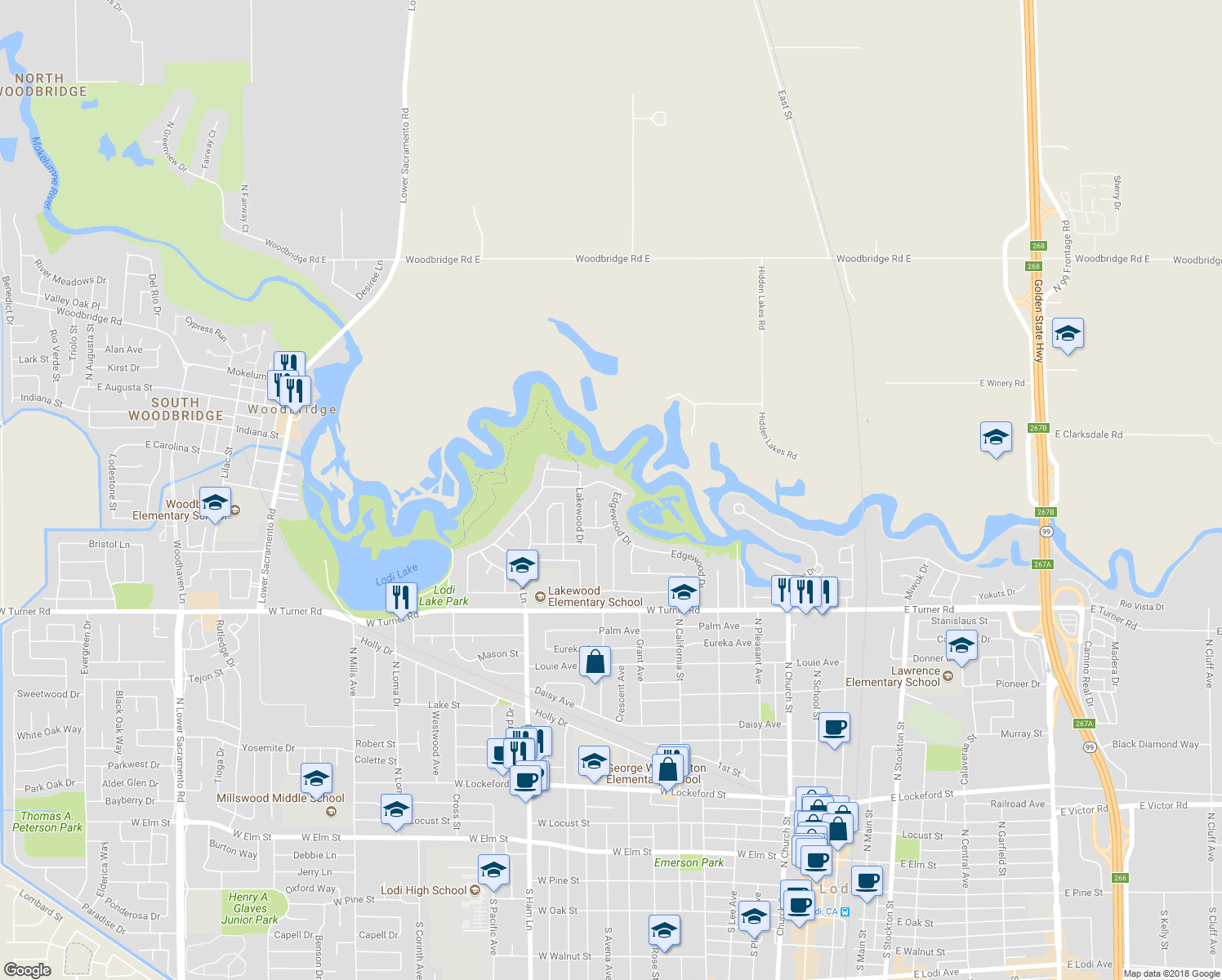 map of restaurants, bars, coffee shops, grocery stores, and more near 1605 Edgewood Drive in Lodi