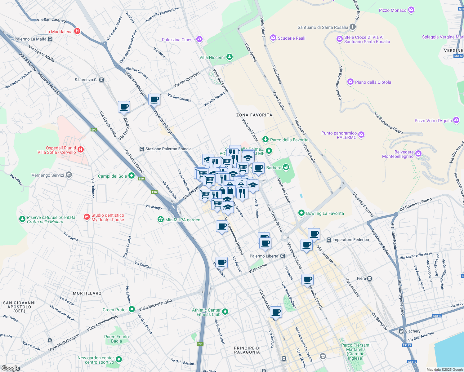 map of restaurants, bars, coffee shops, grocery stores, and more near 2 Via Sacra Famiglia in Palermo