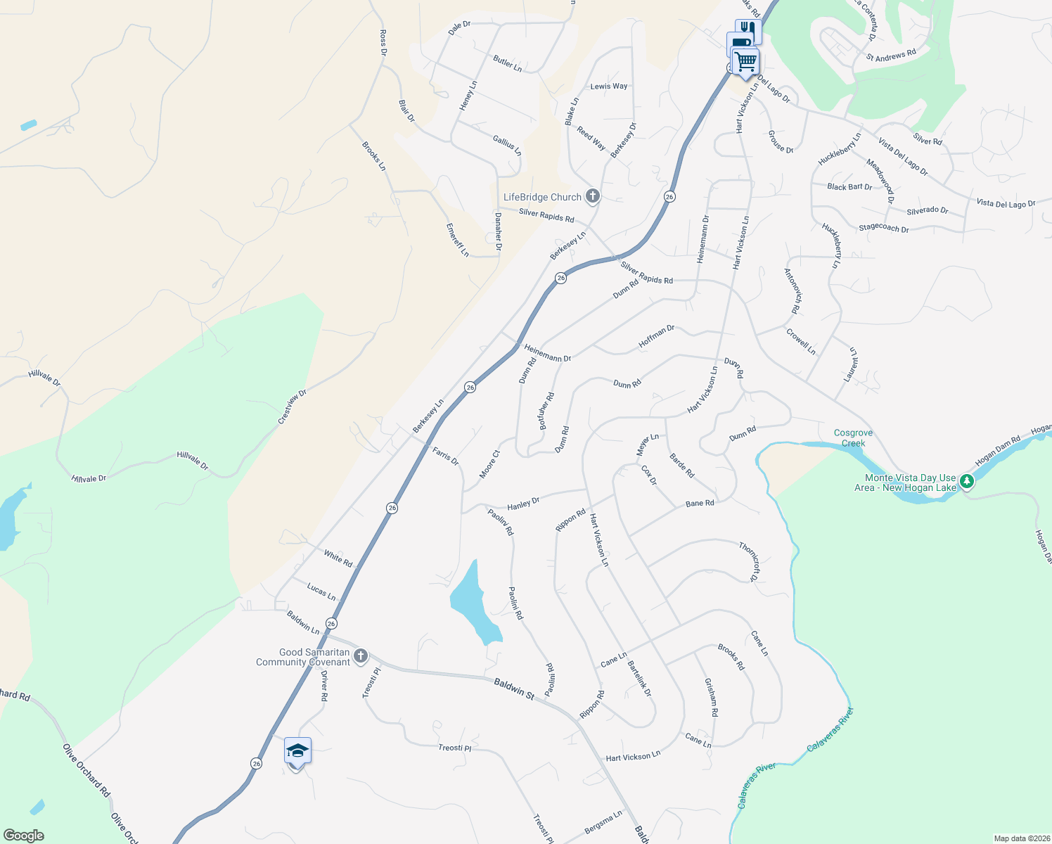 map of restaurants, bars, coffee shops, grocery stores, and more near 3299 Dunn Road in Valley Springs