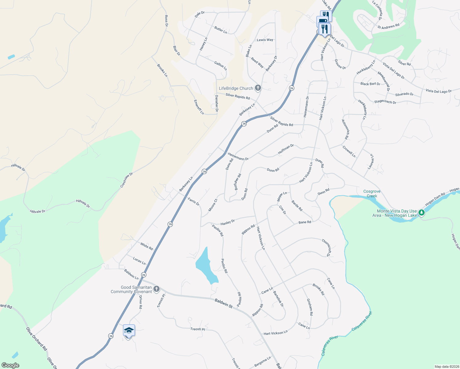 map of restaurants, bars, coffee shops, grocery stores, and more near 3299 Dunn Road in Valley Springs