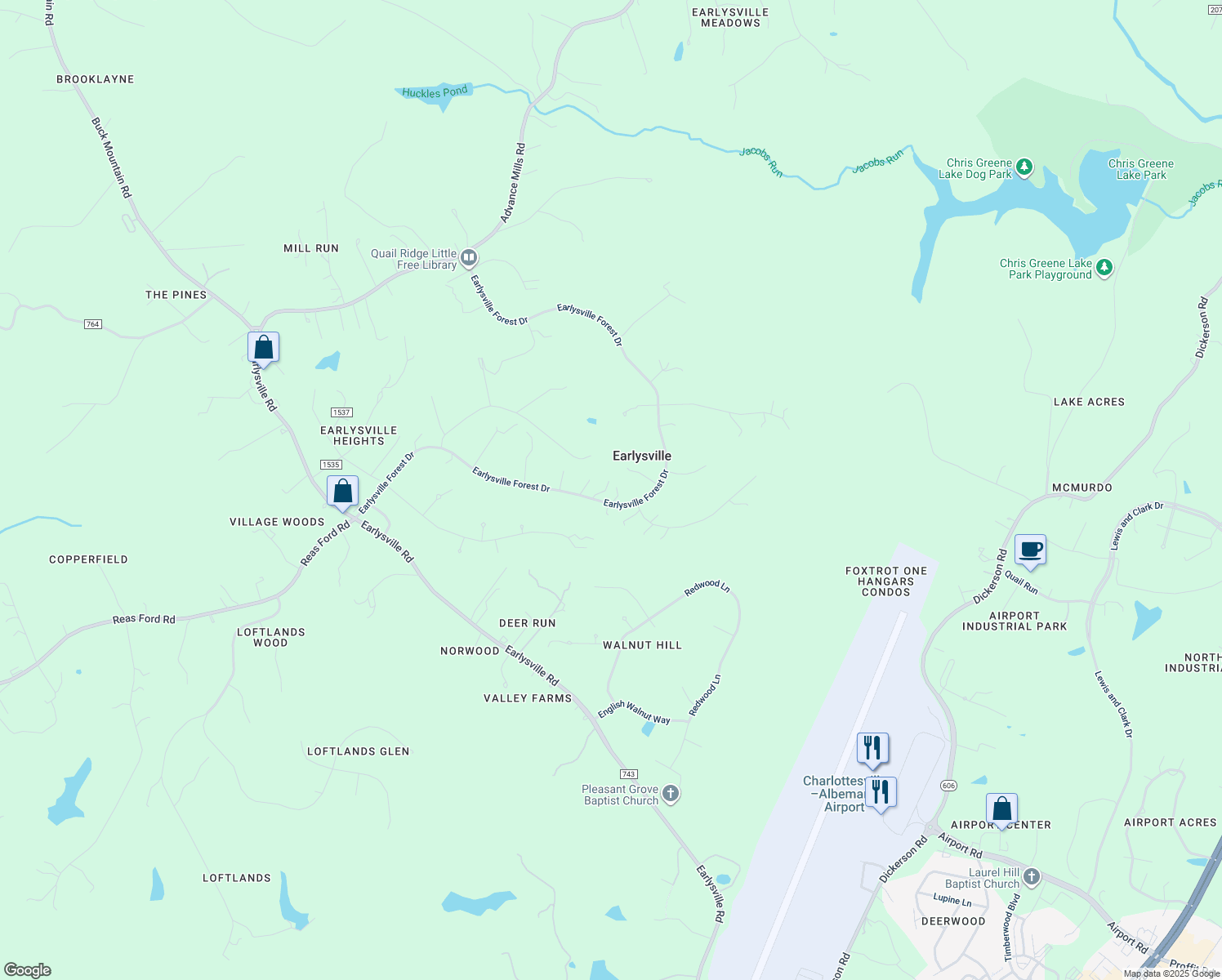 map of restaurants, bars, coffee shops, grocery stores, and more near 1030 Earlysville Forest Drive in Earlysville