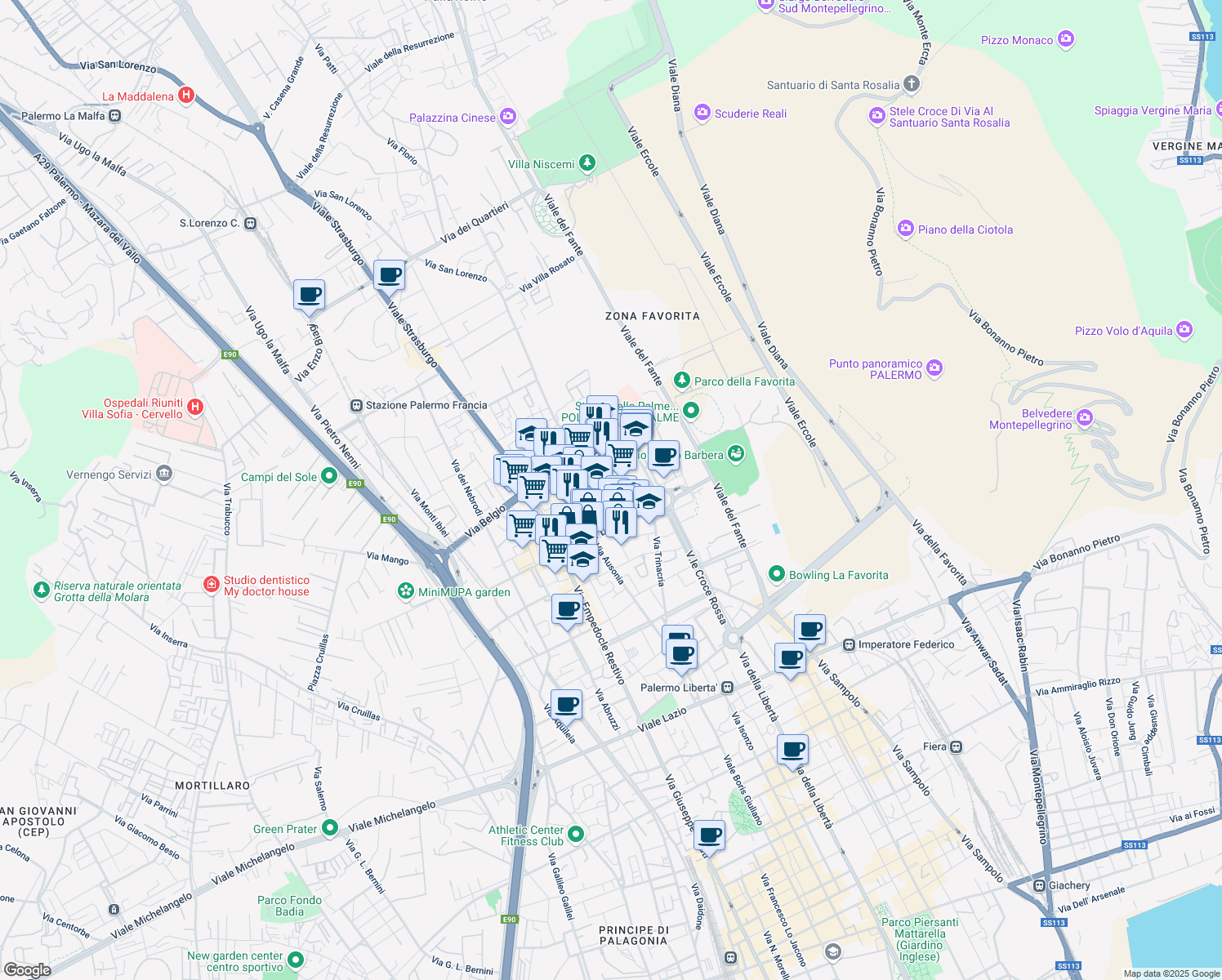map of restaurants, bars, coffee shops, grocery stores, and more near 2 Via Sacra Famiglia in Palermo