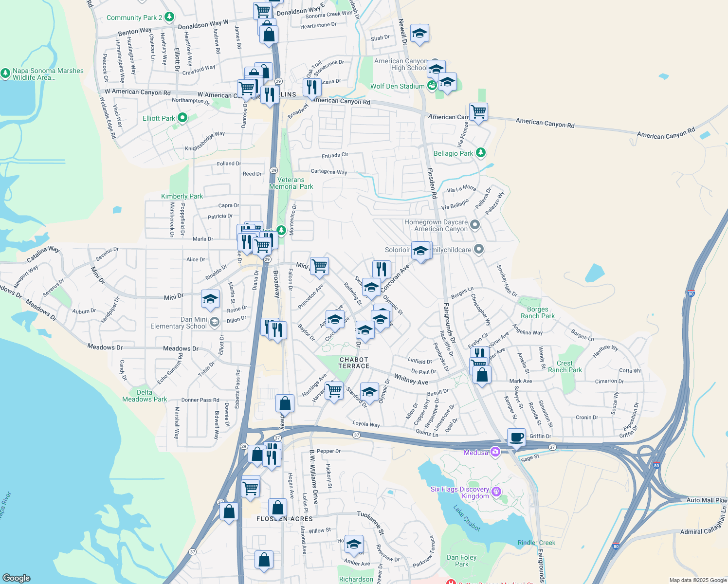 map of restaurants, bars, coffee shops, grocery stores, and more near 555 Swan Way in Vallejo