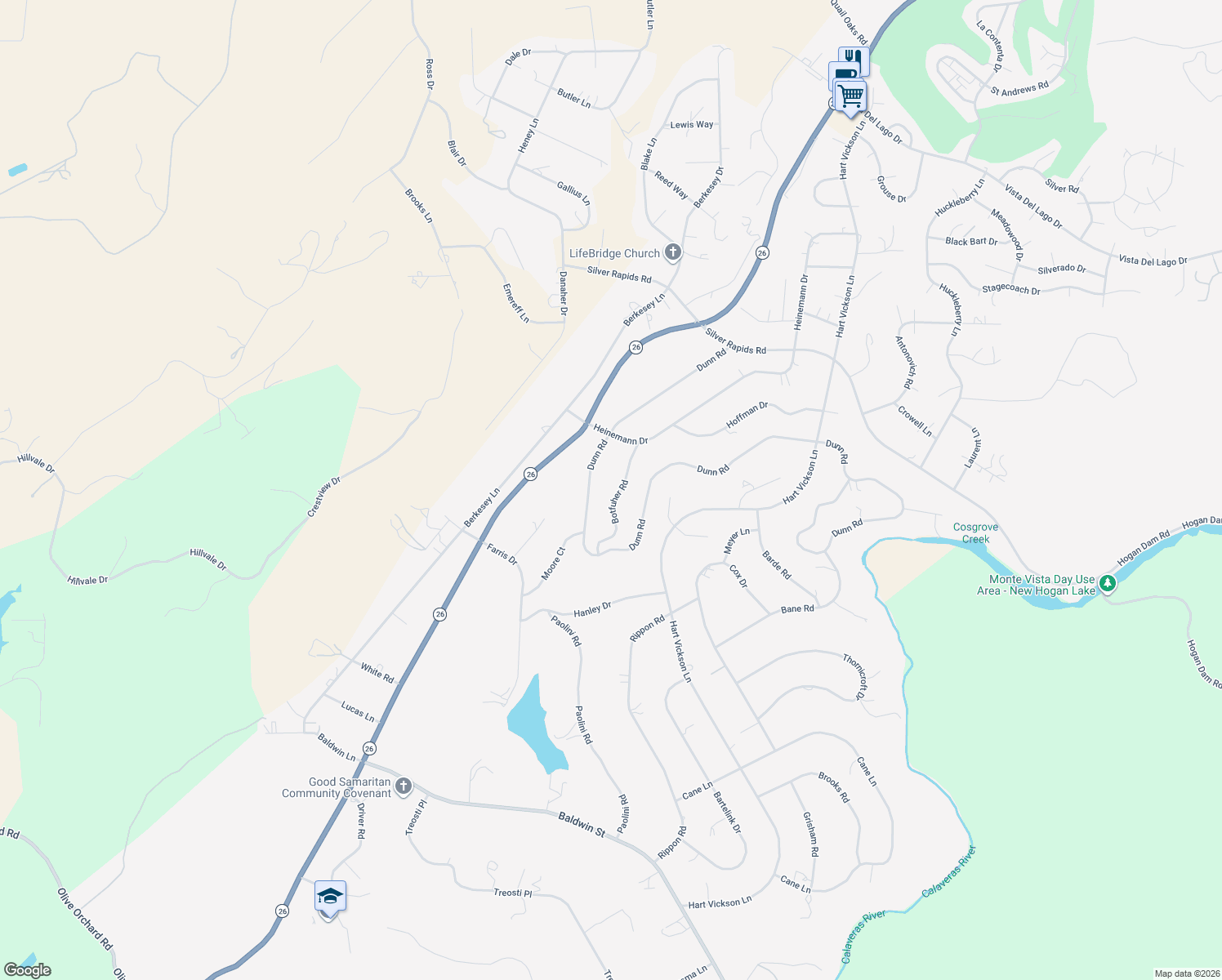 map of restaurants, bars, coffee shops, grocery stores, and more near 3229 Dunn Road in Valley Springs