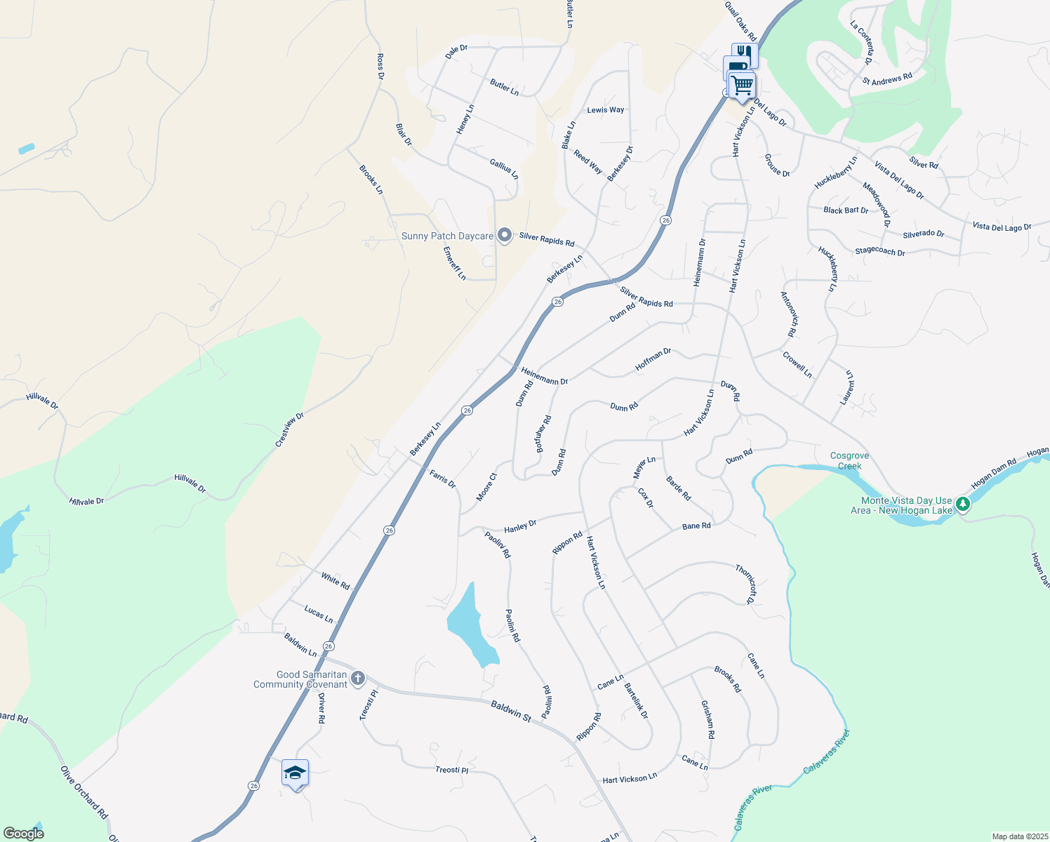 map of restaurants, bars, coffee shops, grocery stores, and more near 3229 Dunn Road in Valley Springs