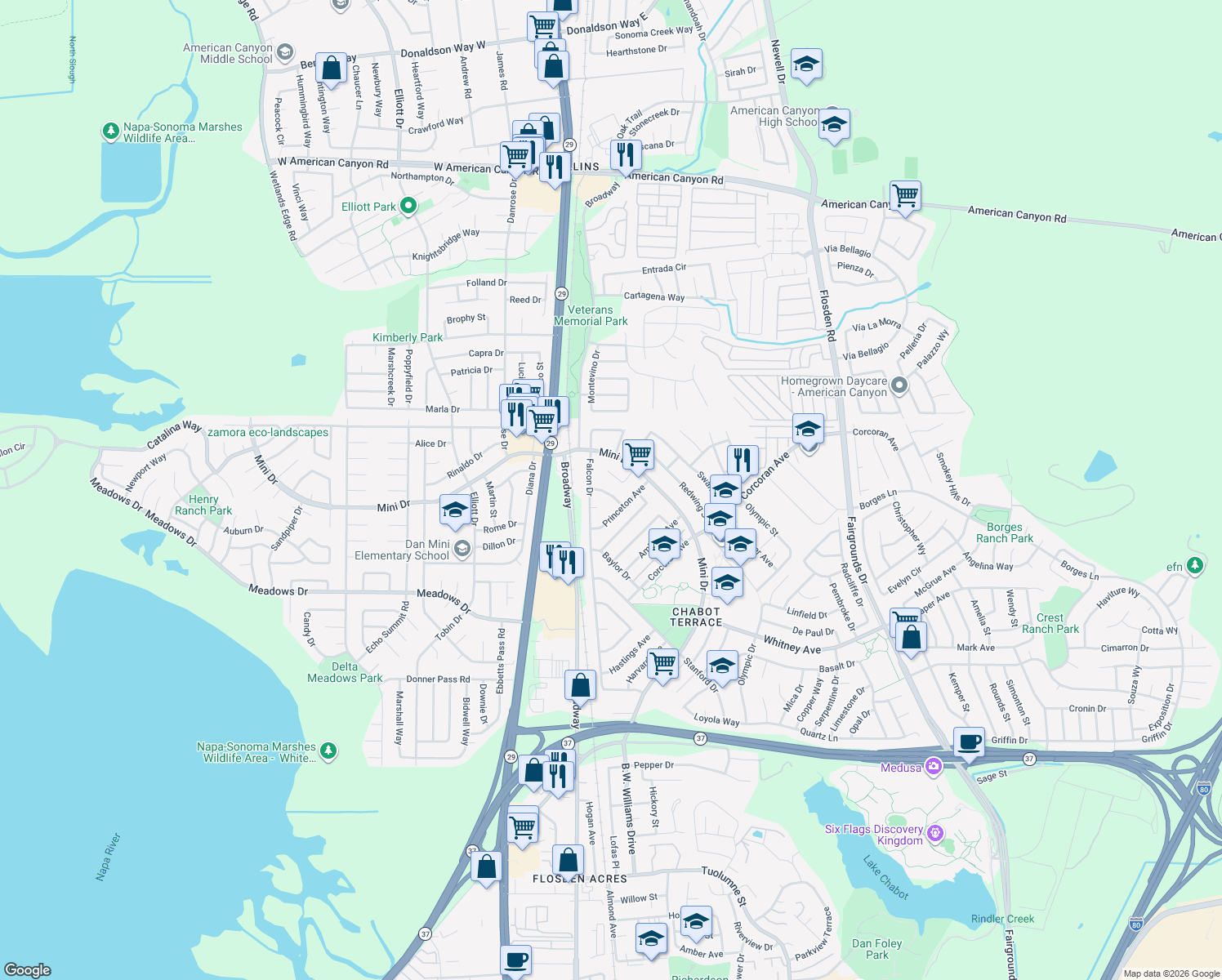 map of restaurants, bars, coffee shops, grocery stores, and more near 124 Purdue Drive in Vallejo