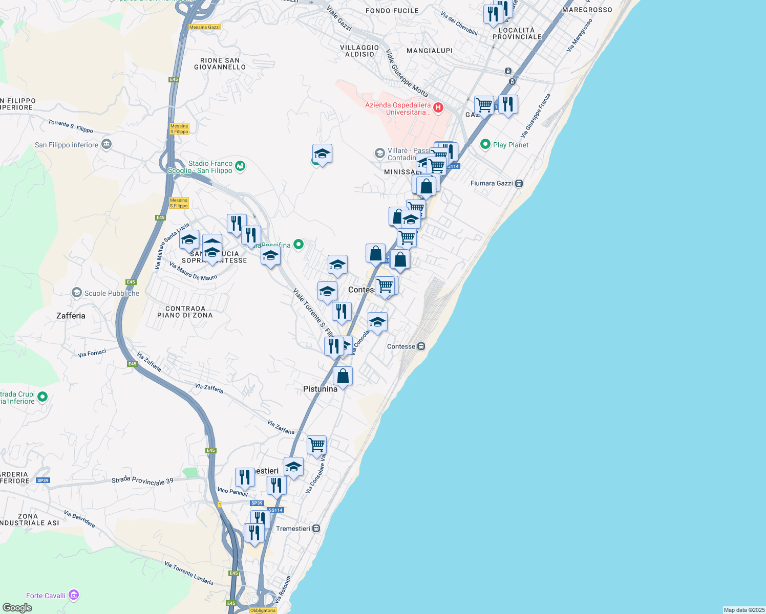 map of restaurants, bars, coffee shops, grocery stores, and more near 422 Via Consolare Valeria in Messina