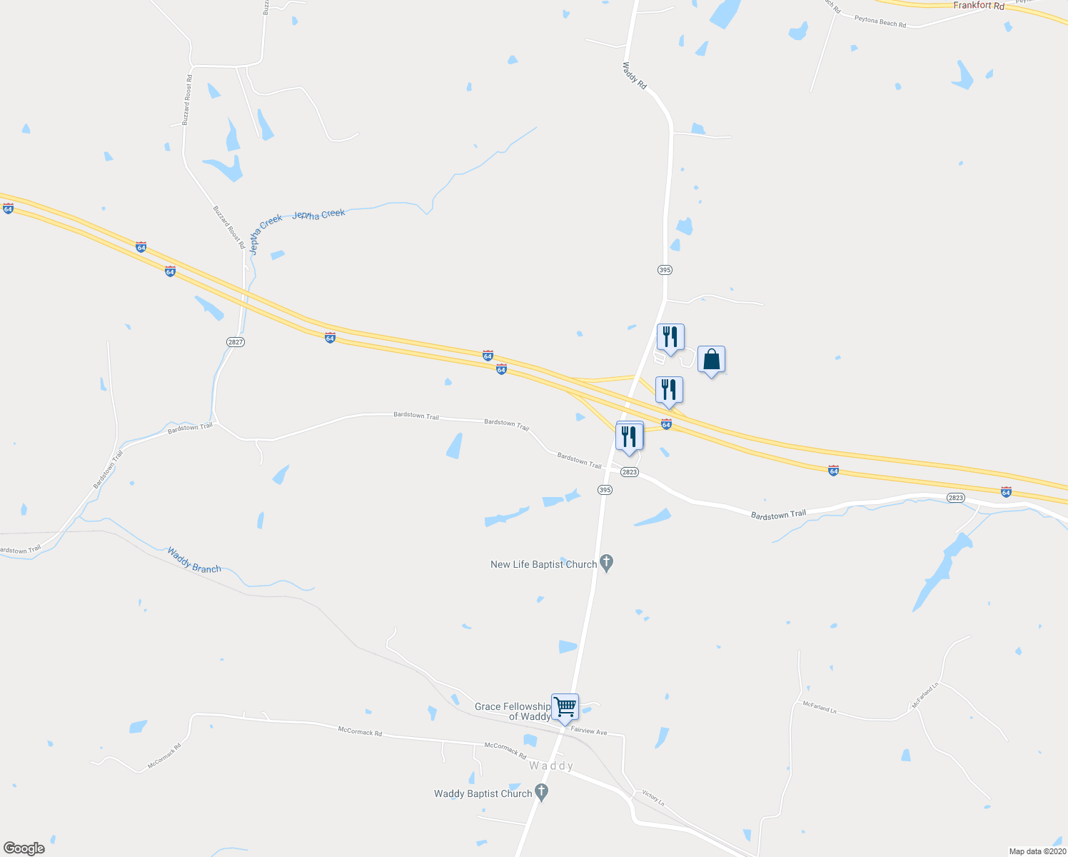 map of restaurants, bars, coffee shops, grocery stores, and more near 2706 Bardstown Trail in Waddy