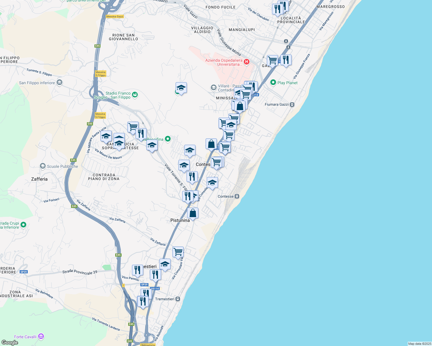 map of restaurants, bars, coffee shops, grocery stores, and more near 422 Via Consolare Valeria in Messina