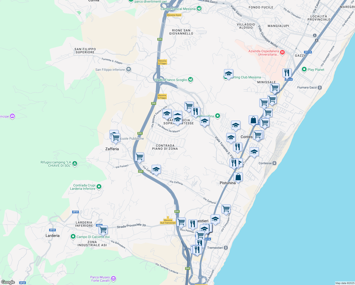 map of restaurants, bars, coffee shops, grocery stores, and more near 26 Via delle rose in Messina