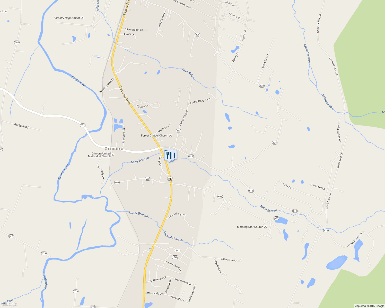 map of restaurants, bars, coffee shops, grocery stores, and more near 130 Crimora Mine Road in Crimora