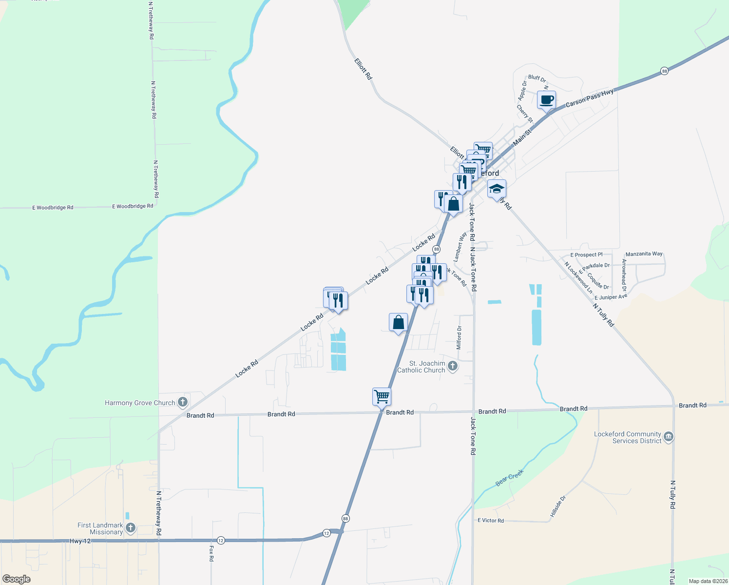 map of restaurants, bars, coffee shops, grocery stores, and more near 12718 Locke Road in Lockeford