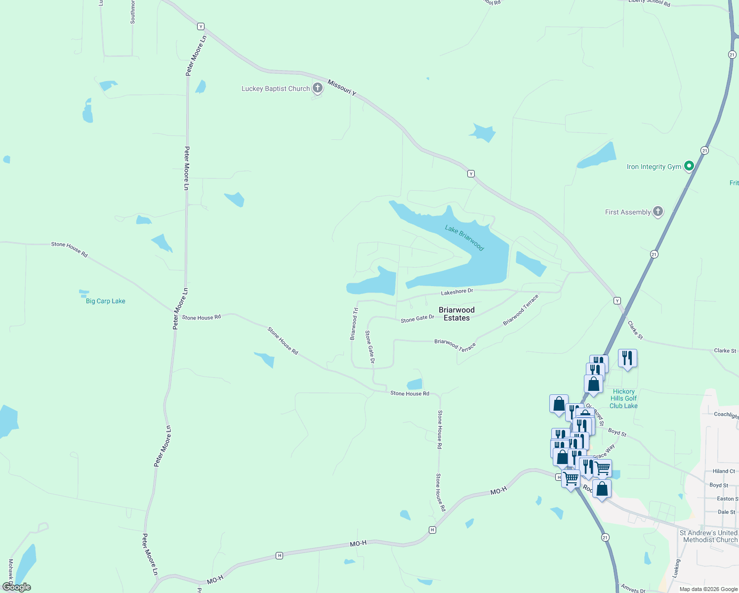 map of restaurants, bars, coffee shops, grocery stores, and more near 596 Briarwood Terrace in De Soto
