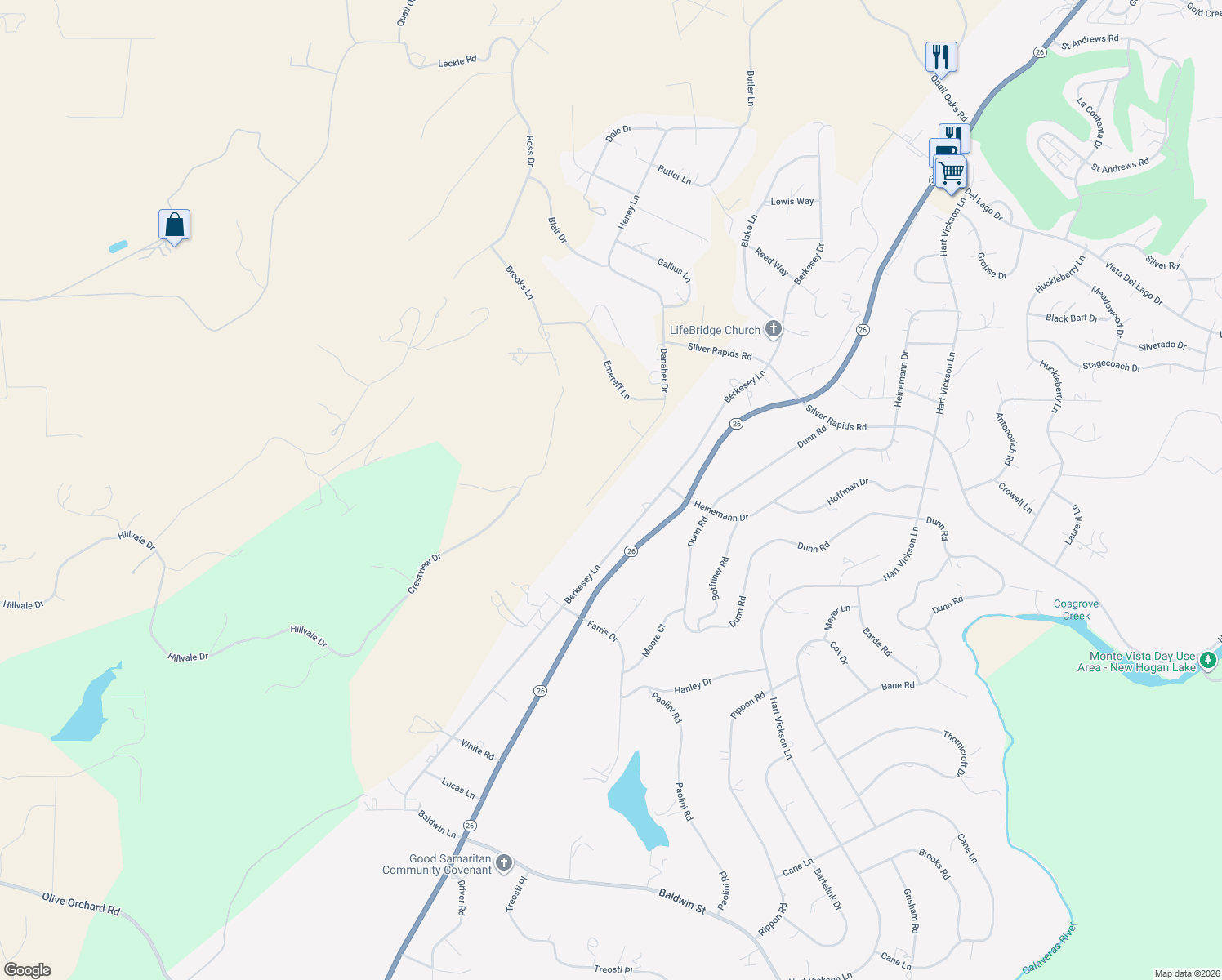 map of restaurants, bars, coffee shops, grocery stores, and more near 2629 Danaher Drive in Valley Springs