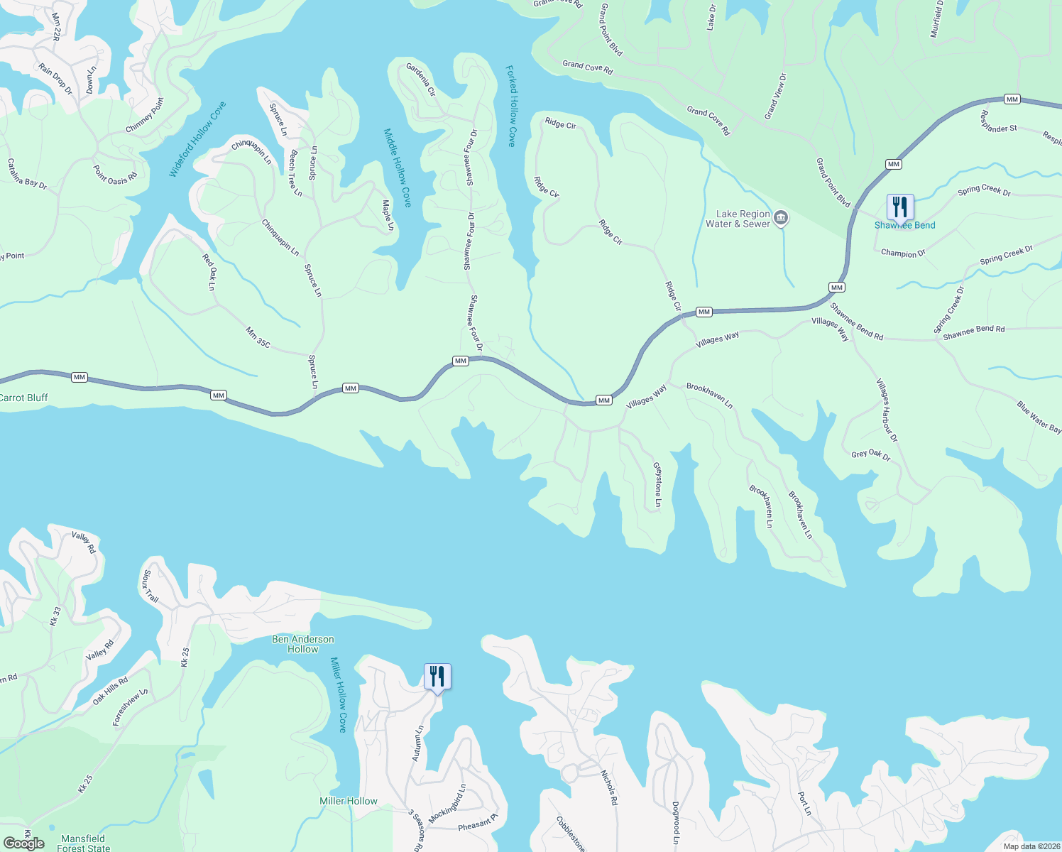 map of restaurants, bars, coffee shops, grocery stores, and more near Springridge Lane in Sunrise Beach