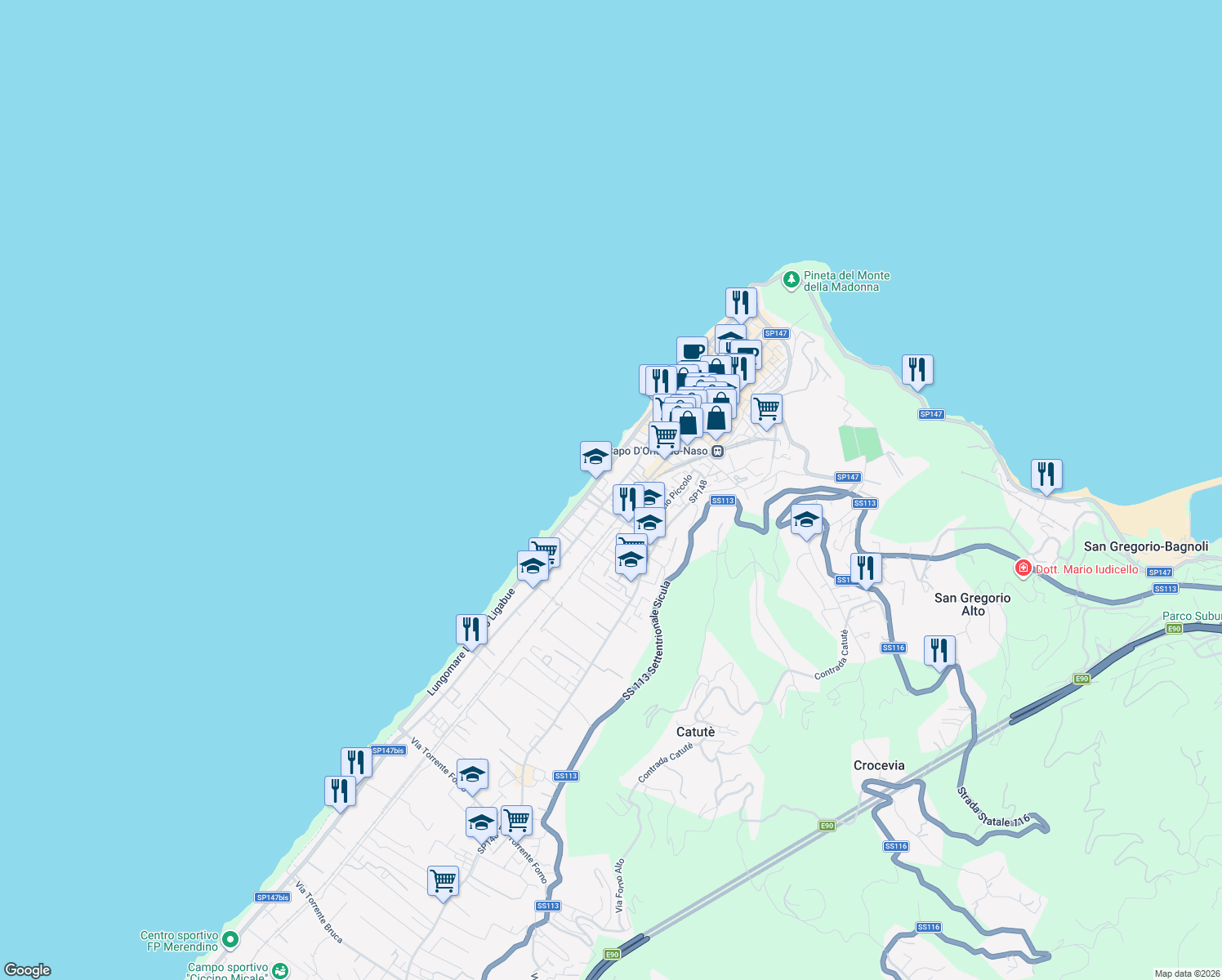 map of restaurants, bars, coffee shops, grocery stores, and more near 78 Via Andrea Doria in Capo D'orlando