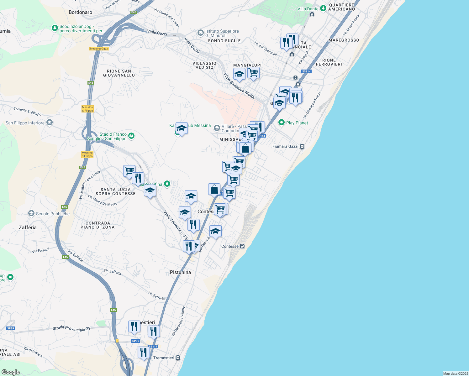 map of restaurants, bars, coffee shops, grocery stores, and more near 5800 Strada Statale 114 Km in Messina