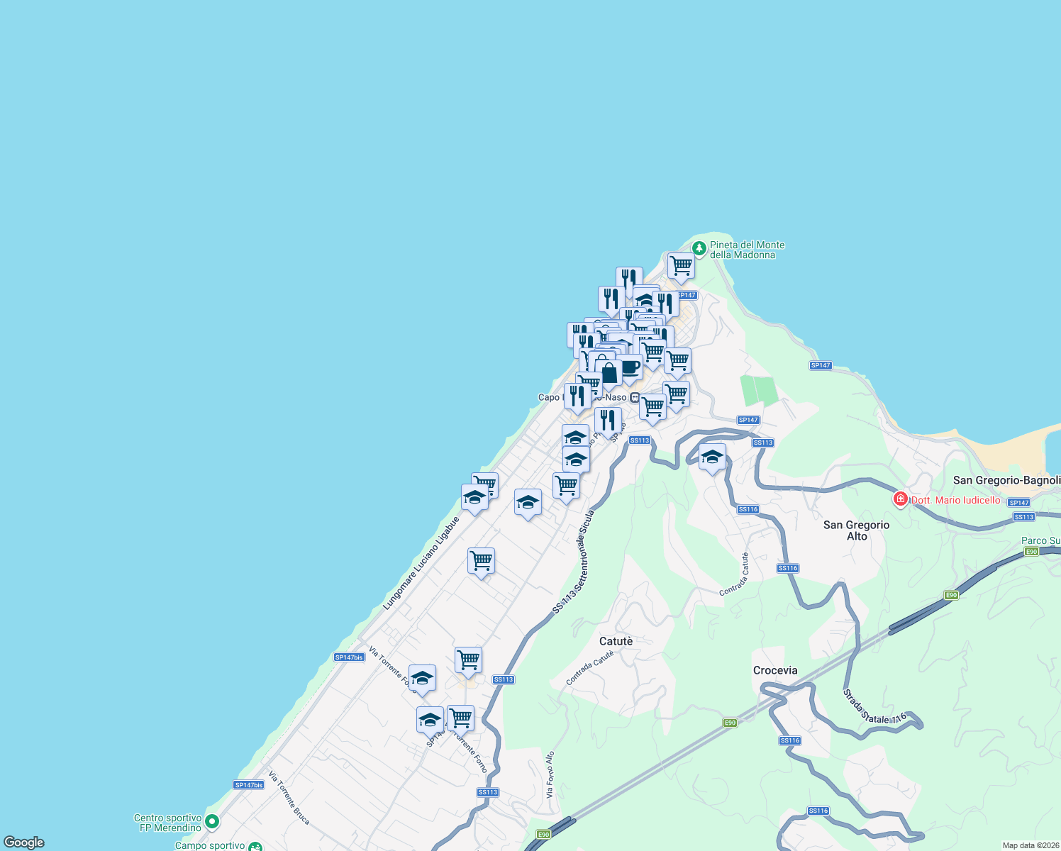 map of restaurants, bars, coffee shops, grocery stores, and more near 78 Via Andrea Doria in Capo D'orlando