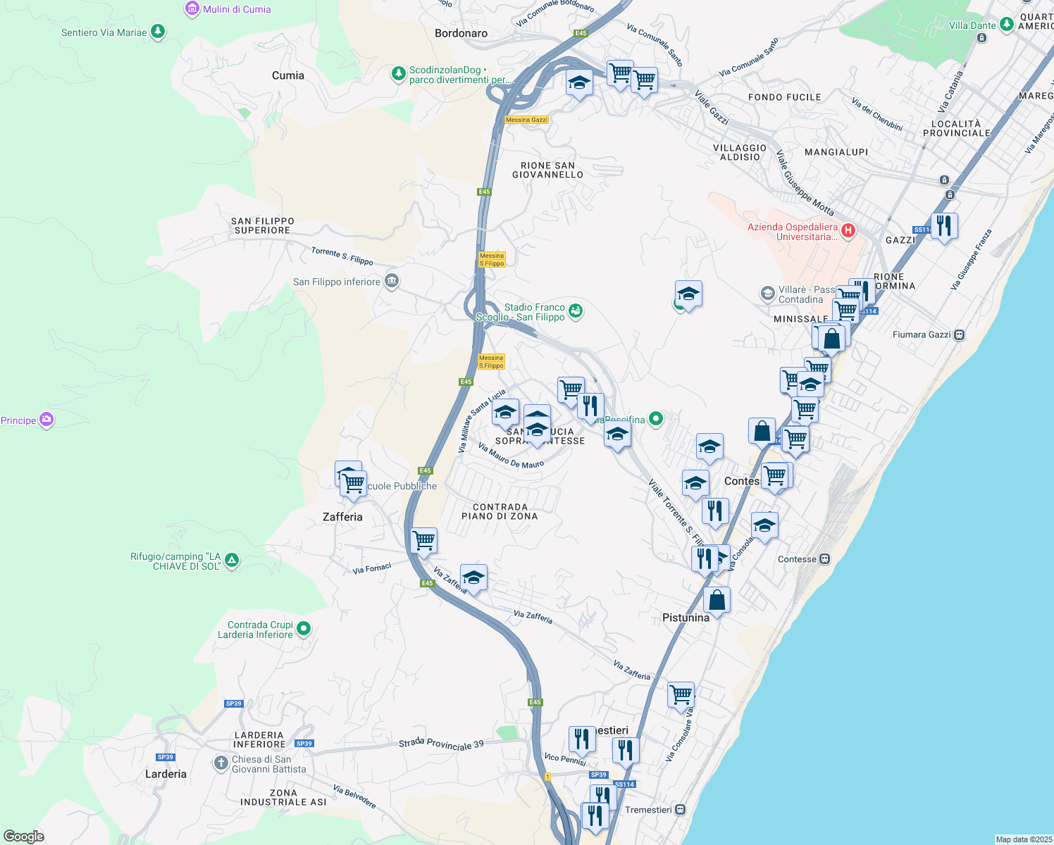 map of restaurants, bars, coffee shops, grocery stores, and more near 16 Via Nuova in Messina