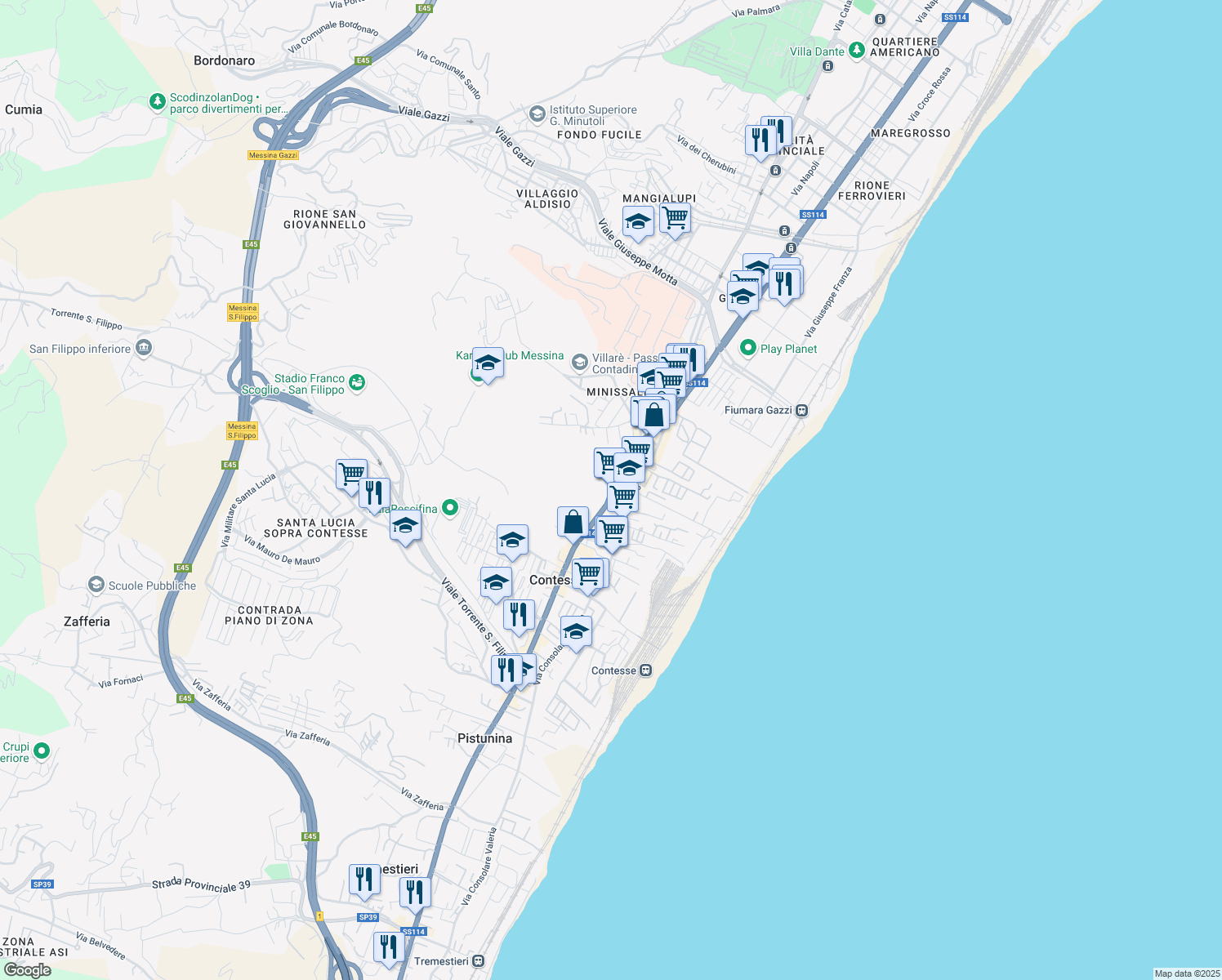 map of restaurants, bars, coffee shops, grocery stores, and more near Strada Statale 114 Orientale Sicula in Messina