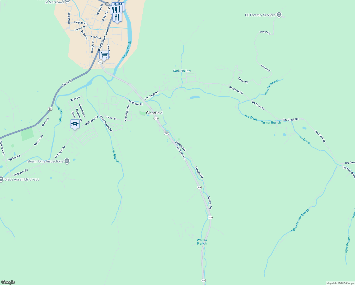 map of restaurants, bars, coffee shops, grocery stores, and more near 10 Whispering Pines in Clearfield