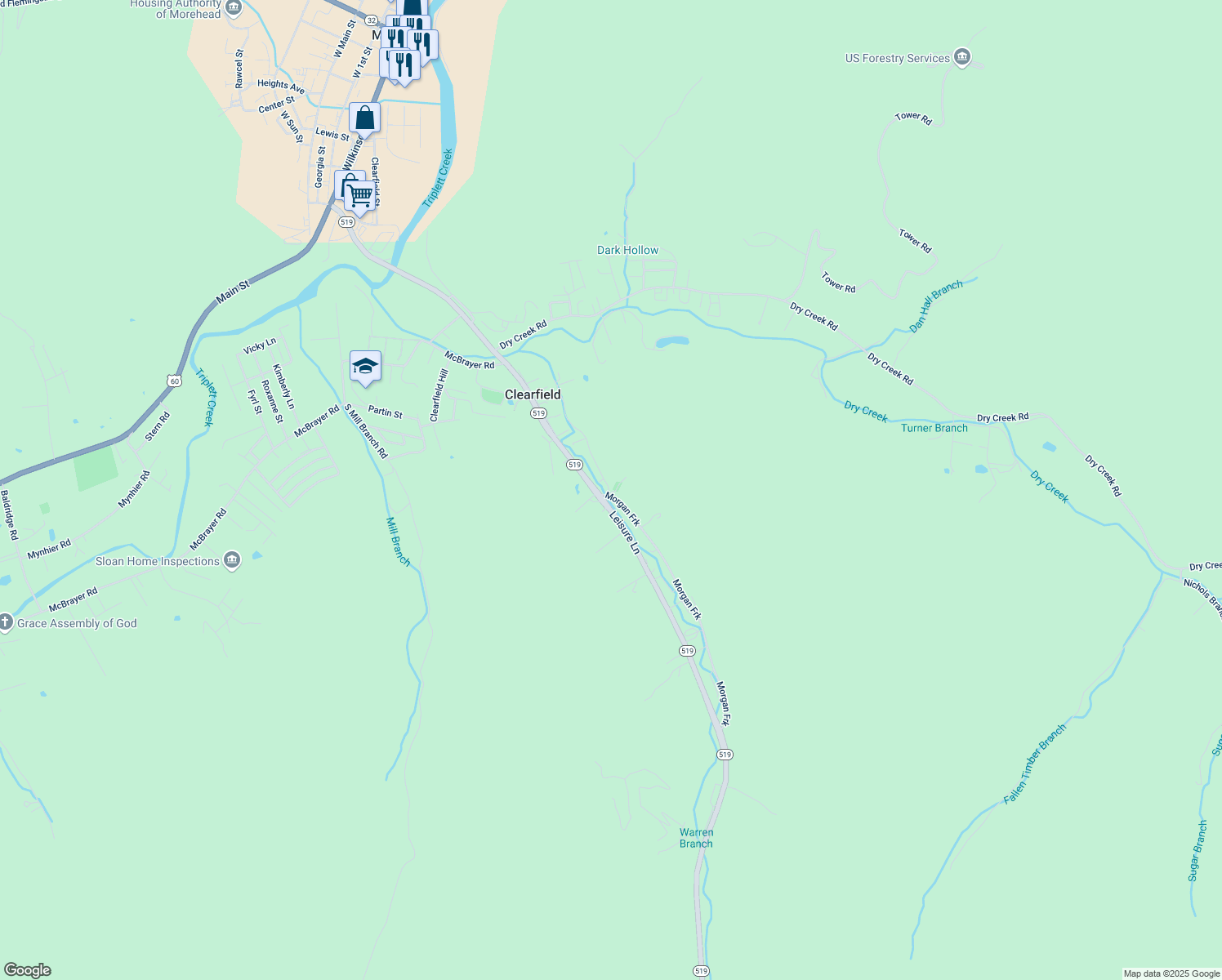 map of restaurants, bars, coffee shops, grocery stores, and more near 10 Whispering Pines in Clearfield