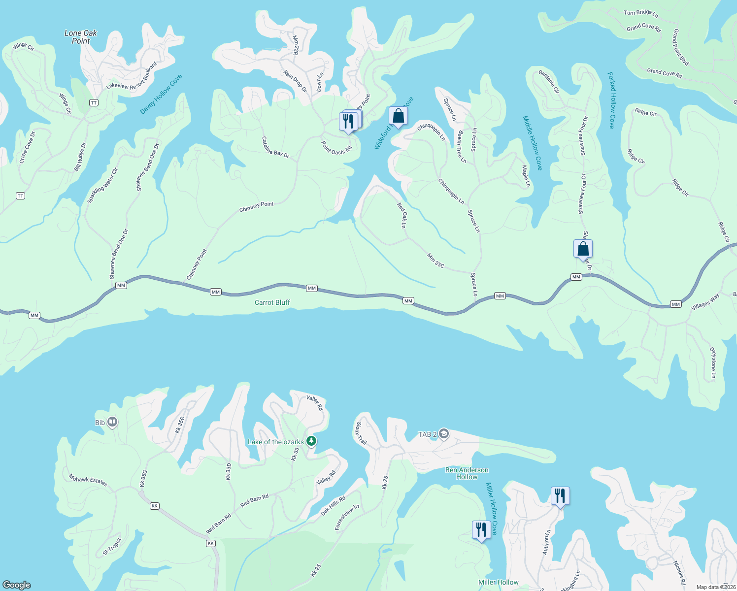 map of restaurants, bars, coffee shops, grocery stores, and more near Koviak Road in Sunrise Beach