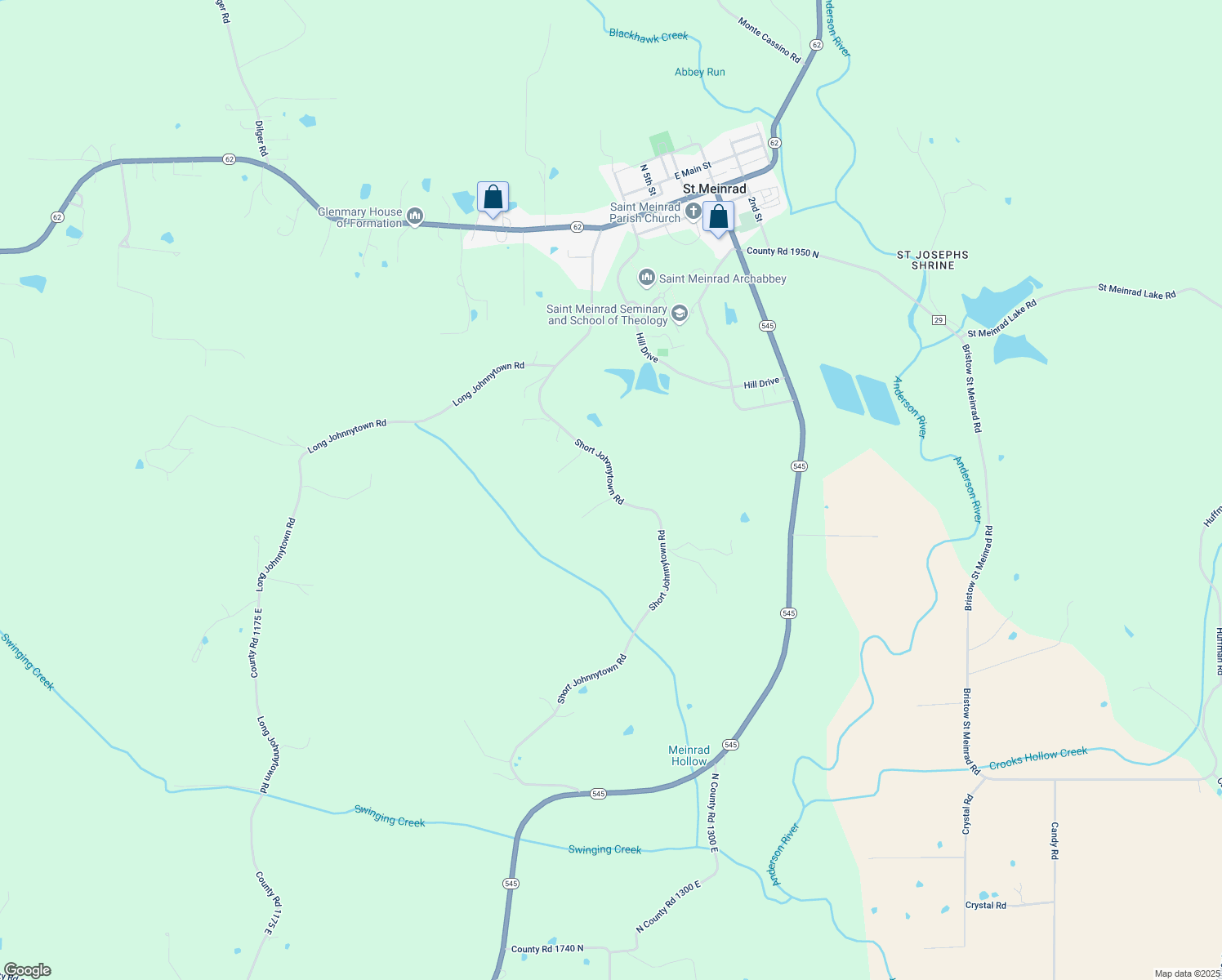 map of restaurants, bars, coffee shops, grocery stores, and more near N County Road 1250 East in Saint Meinrad