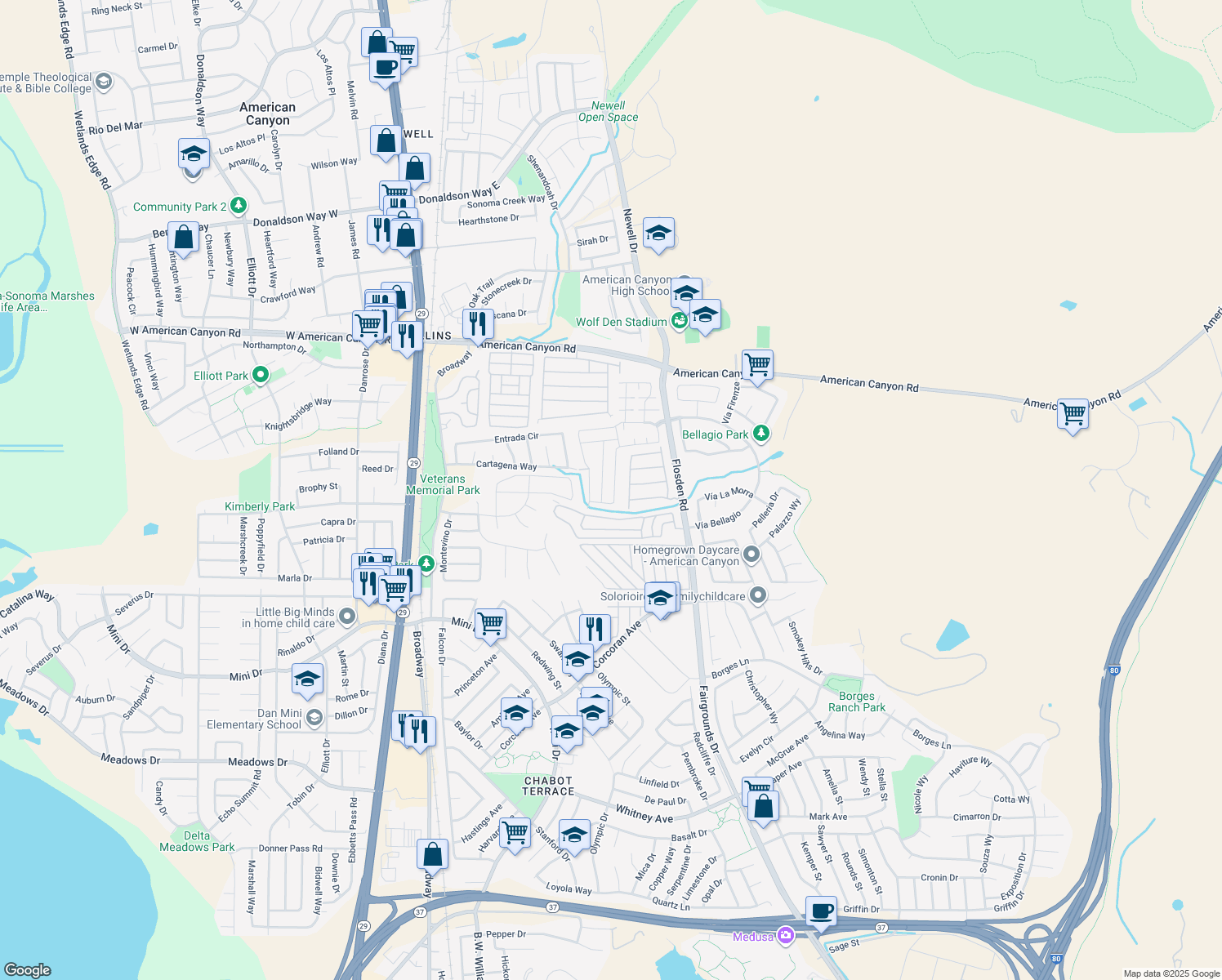 map of restaurants, bars, coffee shops, grocery stores, and more near 815 Spring Mountain Ln in American Canyon