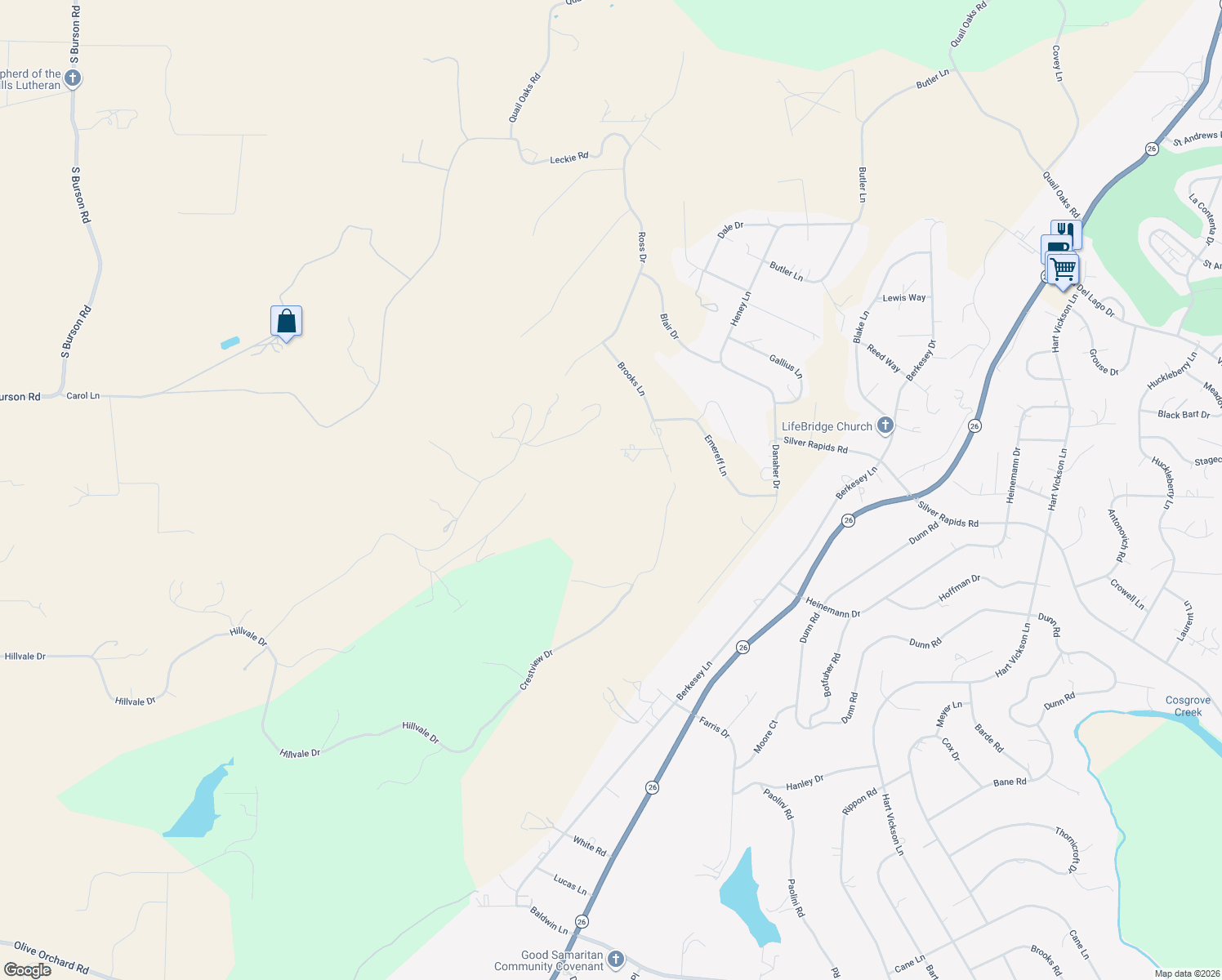 map of restaurants, bars, coffee shops, grocery stores, and more near 3204 Coleen Court in Valley Springs