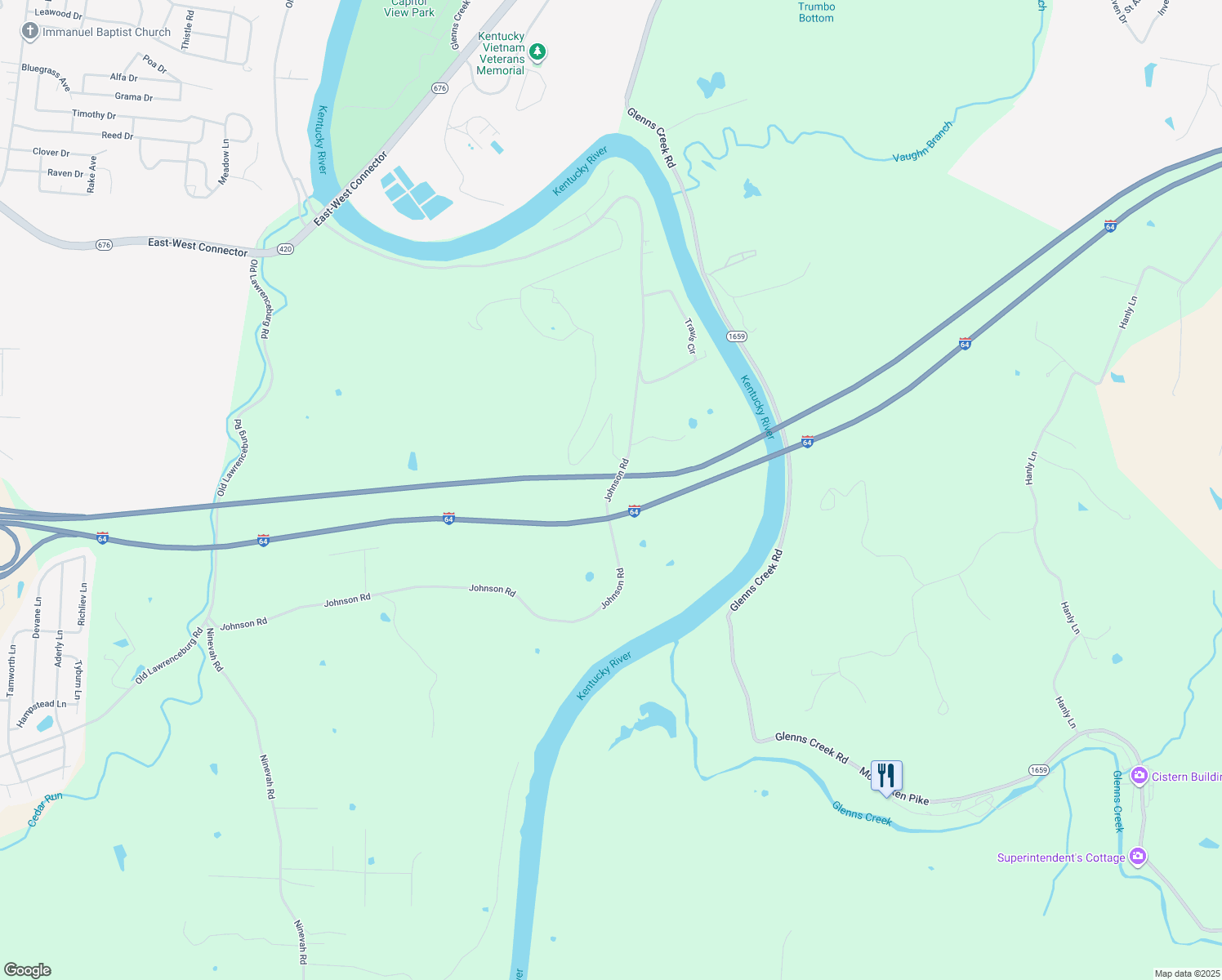 map of restaurants, bars, coffee shops, grocery stores, and more near Johnson Road in Frankfort