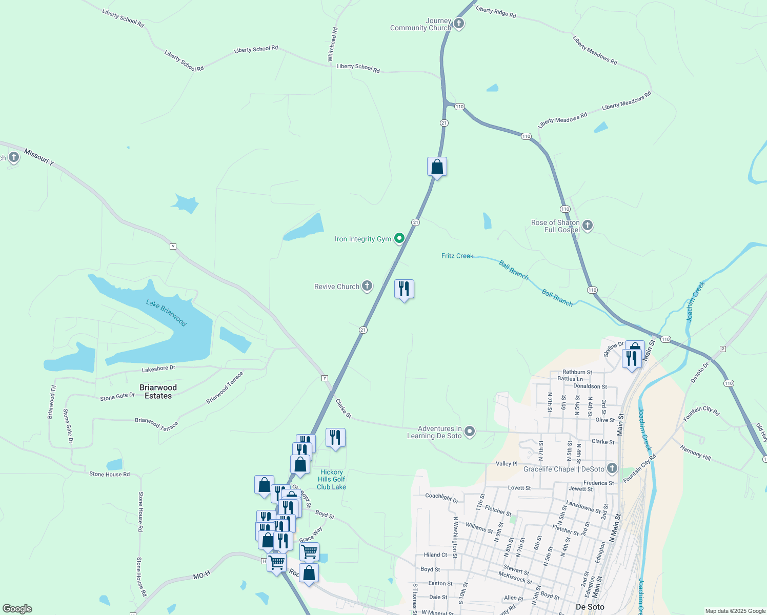 map of restaurants, bars, coffee shops, grocery stores, and more near 12636 Missouri 21 in De Soto