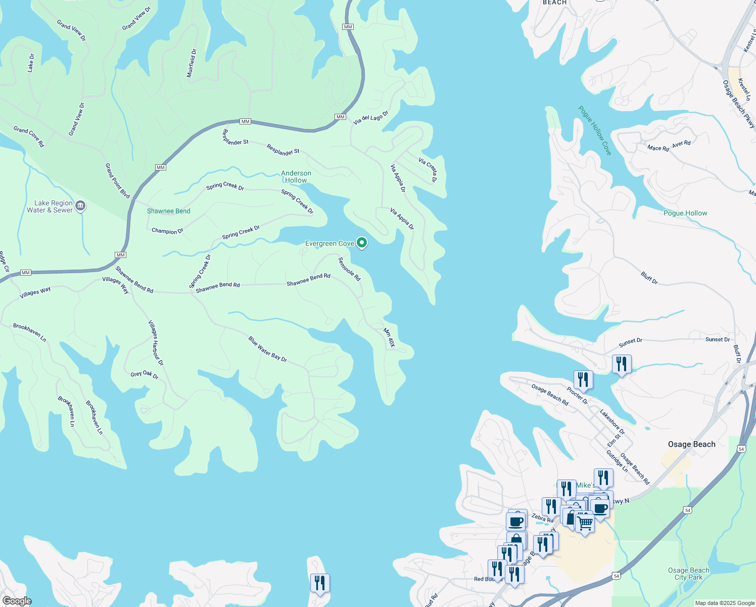 map of restaurants, bars, coffee shops, grocery stores, and more near 62 Evergreen Condo Drive in Sunrise Beach
