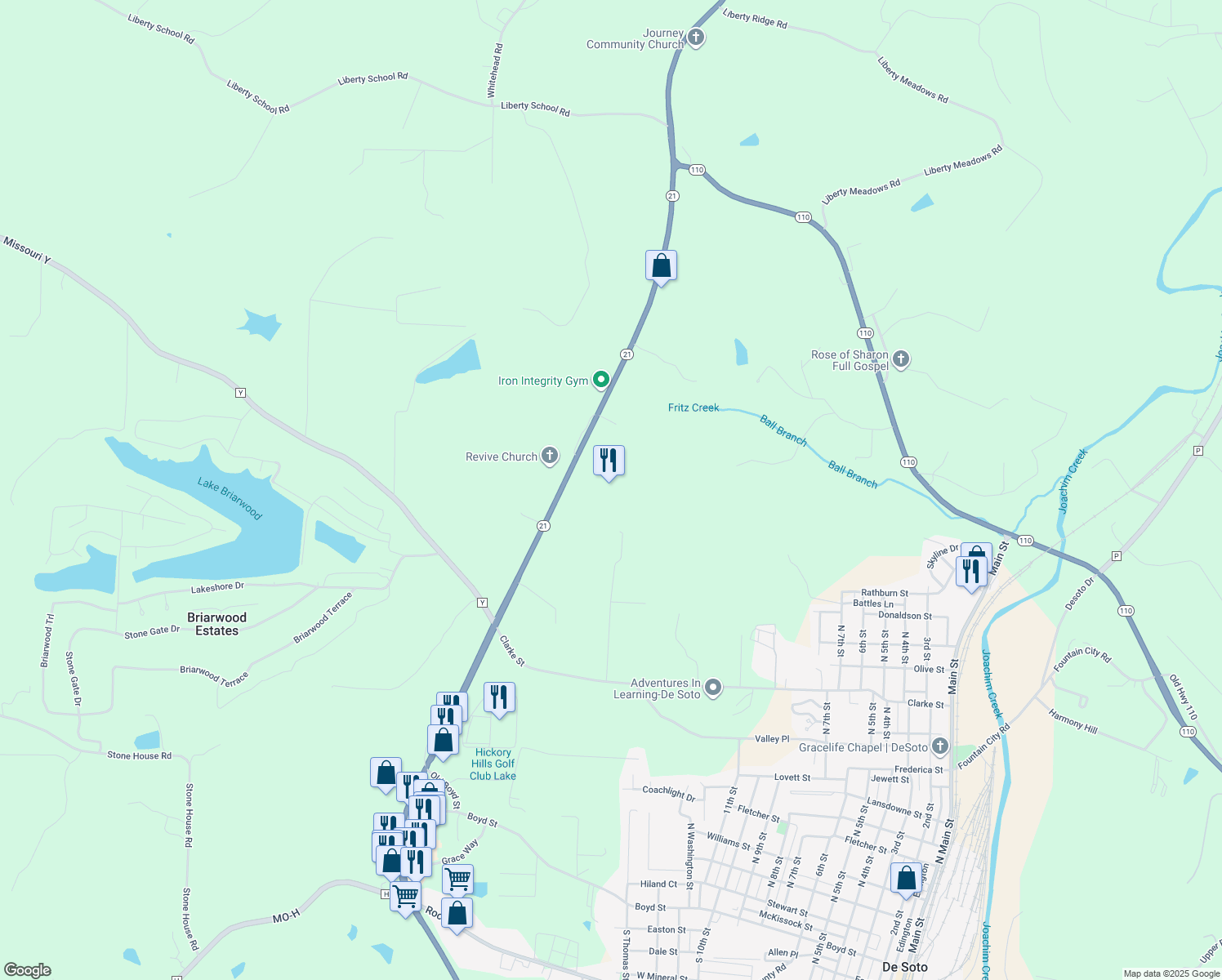 map of restaurants, bars, coffee shops, grocery stores, and more near 12636 Missouri 21 in De Soto