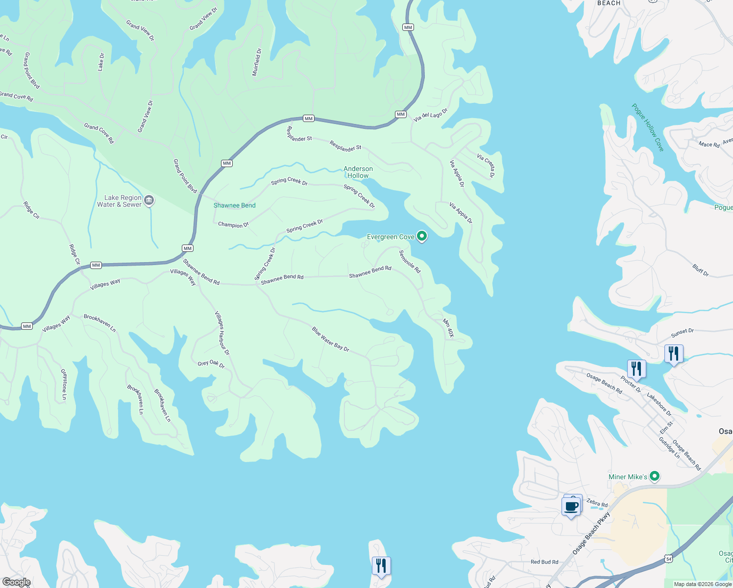 map of restaurants, bars, coffee shops, grocery stores, and more near 201-399 Cimmanche Road in Sunrise Beach
