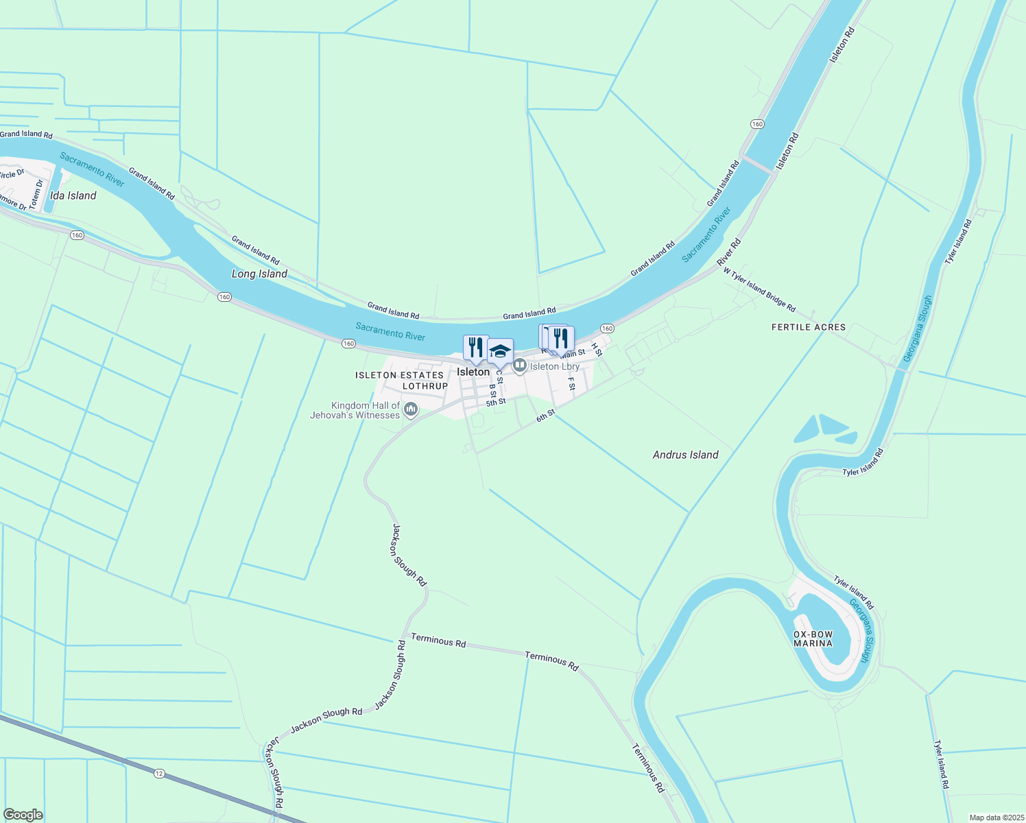 map of restaurants, bars, coffee shops, grocery stores, and more near 10 School Street in Isleton