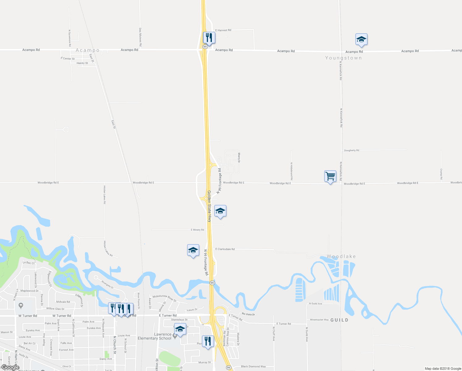 map of restaurants, bars, coffee shops, grocery stores, and more near 4734 Woodbridge Road East in Acampo