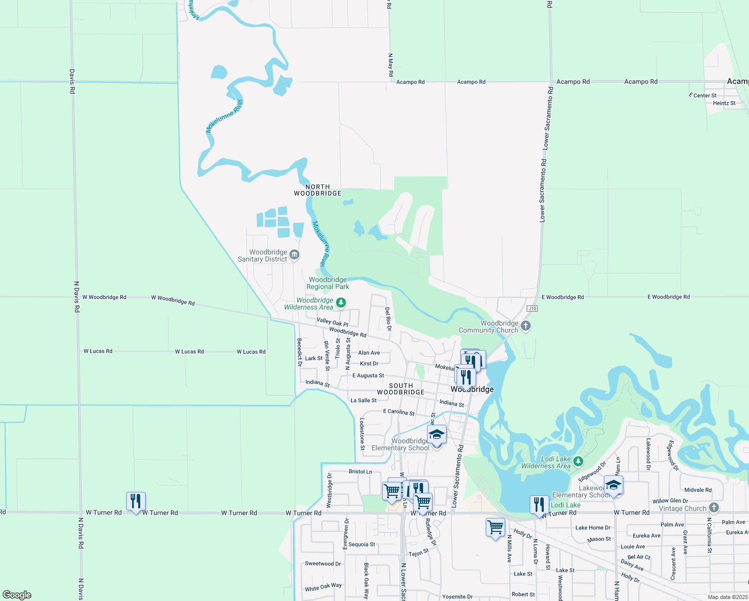 map of restaurants, bars, coffee shops, grocery stores, and more near 19428 Wilderness Way in Woodbridge
