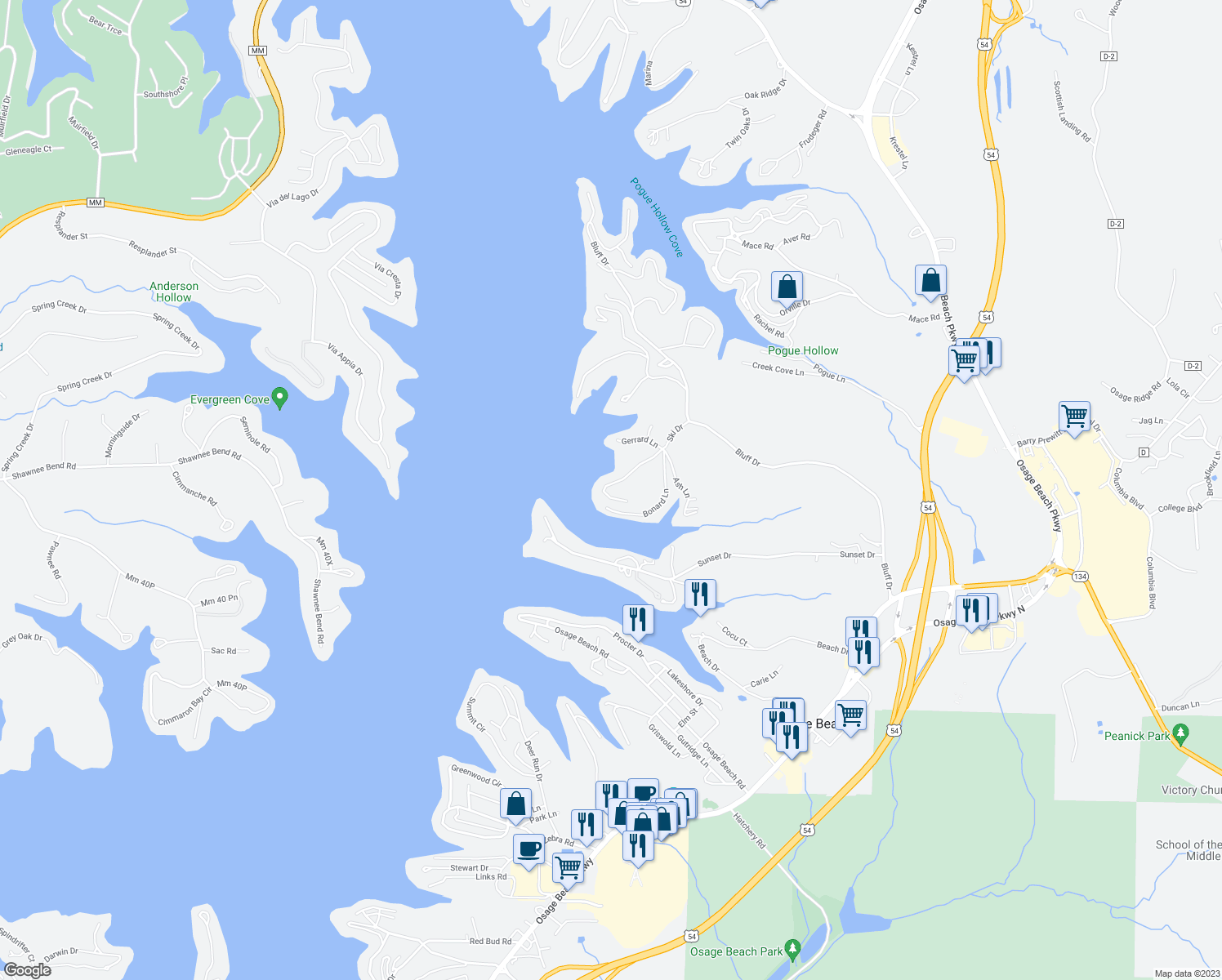 map of restaurants, bars, coffee shops, grocery stores, and more near 4499 Ski Drive in Osage Beach