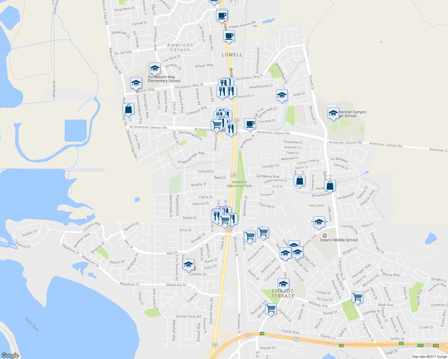 map of restaurants, bars, coffee shops, grocery stores, and more near 103 Reed Drive in American Canyon