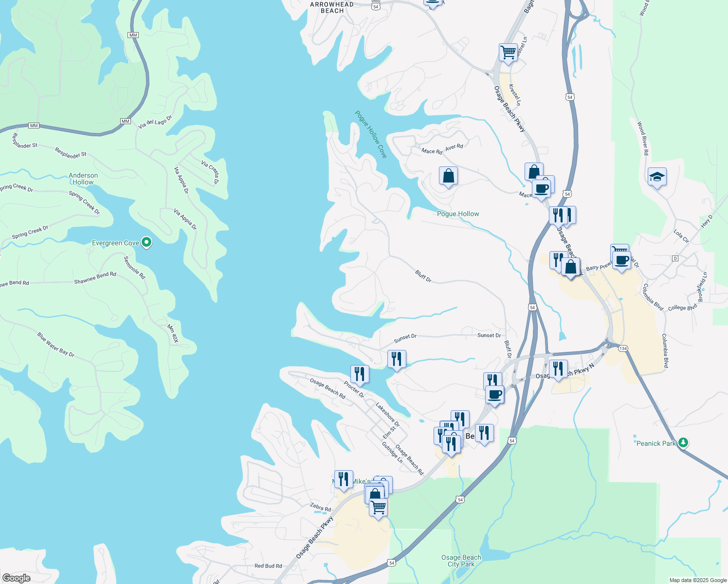 map of restaurants, bars, coffee shops, grocery stores, and more near 1266-1272 Bonard Ln in Osage Beach