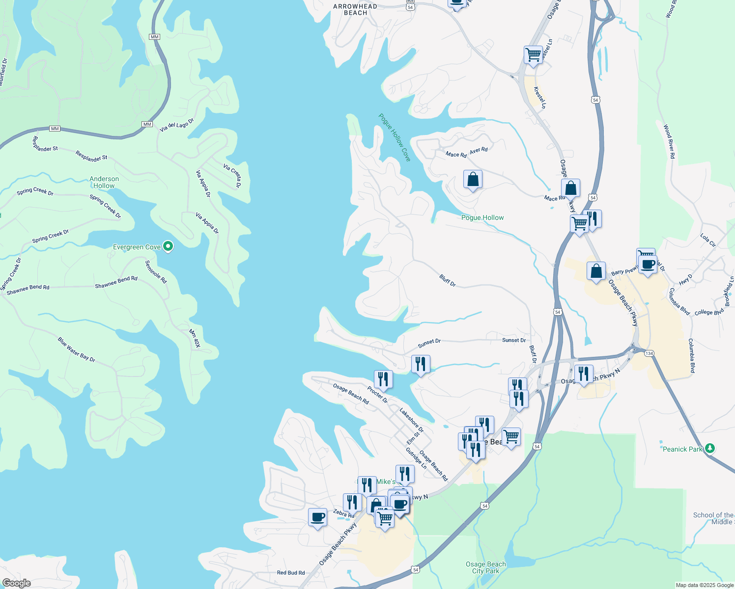 map of restaurants, bars, coffee shops, grocery stores, and more near 4499 Ski Drive in Osage Beach